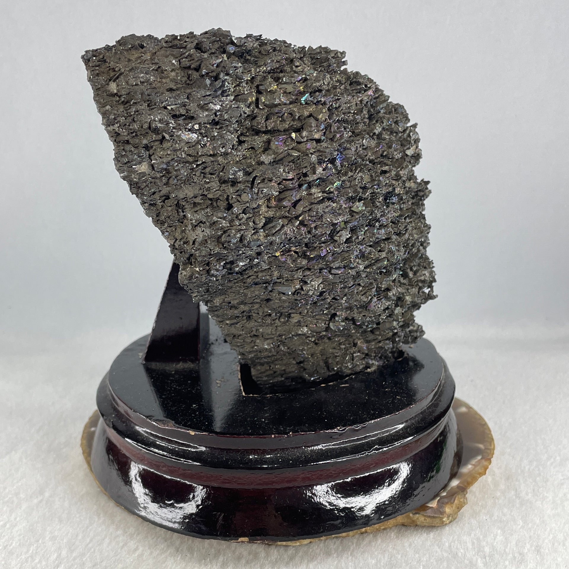 Natural Black Moissanite Rough Display with Wooden Stand 1,419.6g by 145.0 by 140.0 by 135.0mm - Huangs Jadeite and Jewelry Pte Ltd