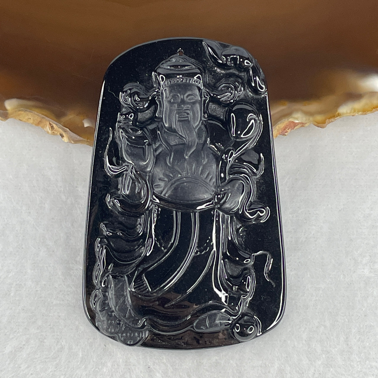 Certified Type A Opaque Black Omphacite Jadeite Cai Shen Ye God of Fortune Pendant | Wealth & Abundance Protection Talisman (24.00g | 60.8 x 39.7 x 7.5mm)