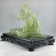 Natural Green Serpentine Double Victory Horses with Twin Birds on Treen and Pond with Wooden Stand Display 1,275.3g 240.0 by 210.0 by 160.0mm - Huangs Jadeite and Jewelry Pte Ltd