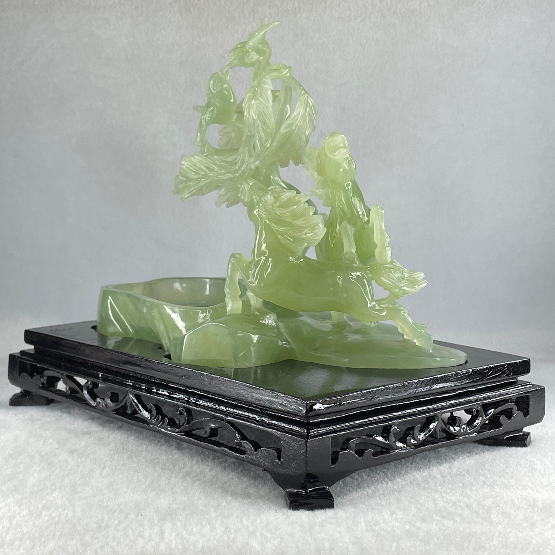 Natural Green Serpentine Double Victory Horses with Twin Birds on Treen and Pond with Wooden Stand Display 1,275.3g 240.0 by 210.0 by 160.0mm - Huangs Jadeite and Jewelry Pte Ltd