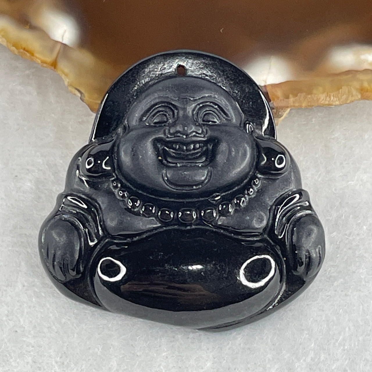 Certified Type A Opaque Black Omphacite Jadeite Milo Laughing Buddha Pendant | Maitreya Joy, Wealth & Goodwill Protection (13.47g | 33.4 x 33.5 x 8.0mm)
