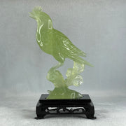 Natural Green Serpentine Javan Mynah Birds on Tree with Wooden Stand Display 375.6g 112.0 by 188.0 by 66.0mm - Huangs Jadeite and Jewelry Pte Ltd