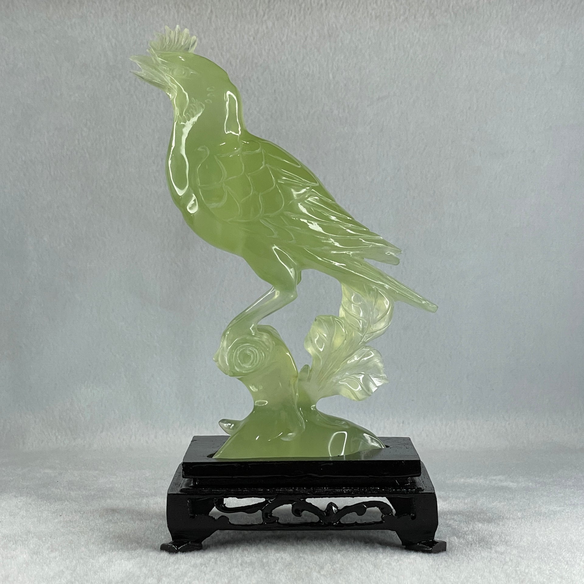 Natural Green Serpentine Javan Mynah Birds on Tree with Wooden Stand Display 375.6g 112.0 by 188.0 by 66.0mm - Huangs Jadeite and Jewelry Pte Ltd