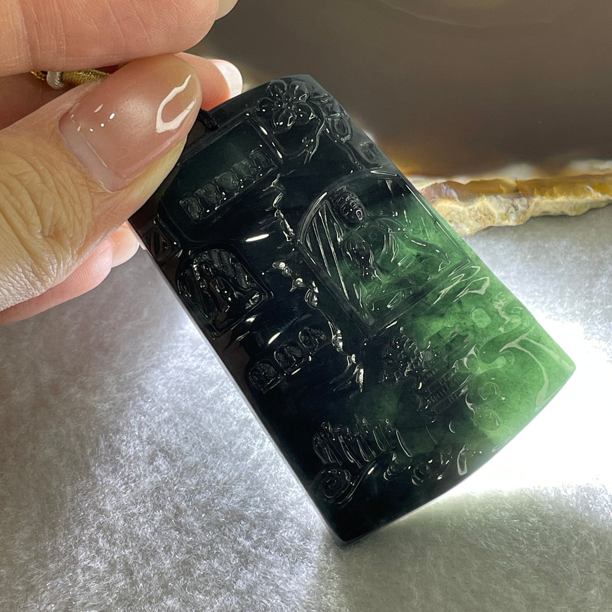 Natural Type A Wuji Grey with Blueish Green Jadeite Buddha on Shan Shui & Gui Ren Pendant | (51.77g | 62.0 x 40.8 x 7.8mm | Joy, Infinite Wealth & Noble Benefactor Anchor, Feng Shui Sovereign Masterpiece) - Huangs Jadeite and Jewelry Pte Ltd