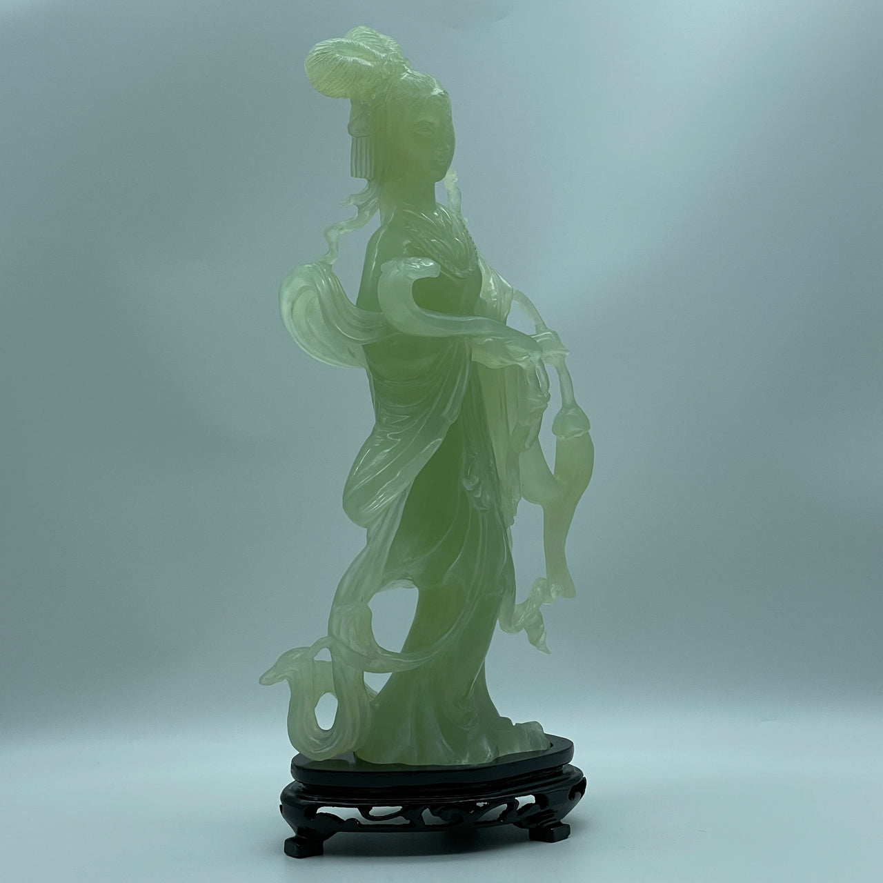 Natural Semi Icy Green Serpentine Fairy and Ruyi with Wooden Stand Display 1,874.1g 183.0 by 95.0 by 336.0mm