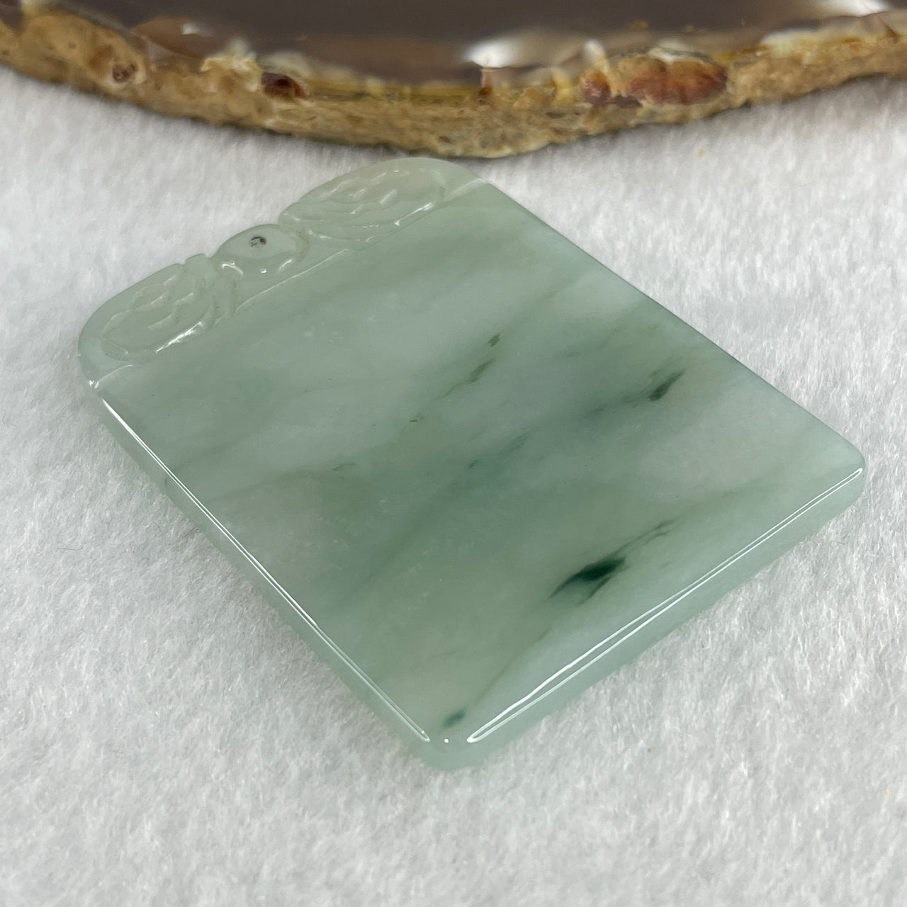 Natural Type A Semi Icy Light Green with Faint Lavender Jadeite Rectangle Wu Shi Pai with Double Dragon Heads Pendant 26.61g 52.2 by 40.4 by 4.1mm