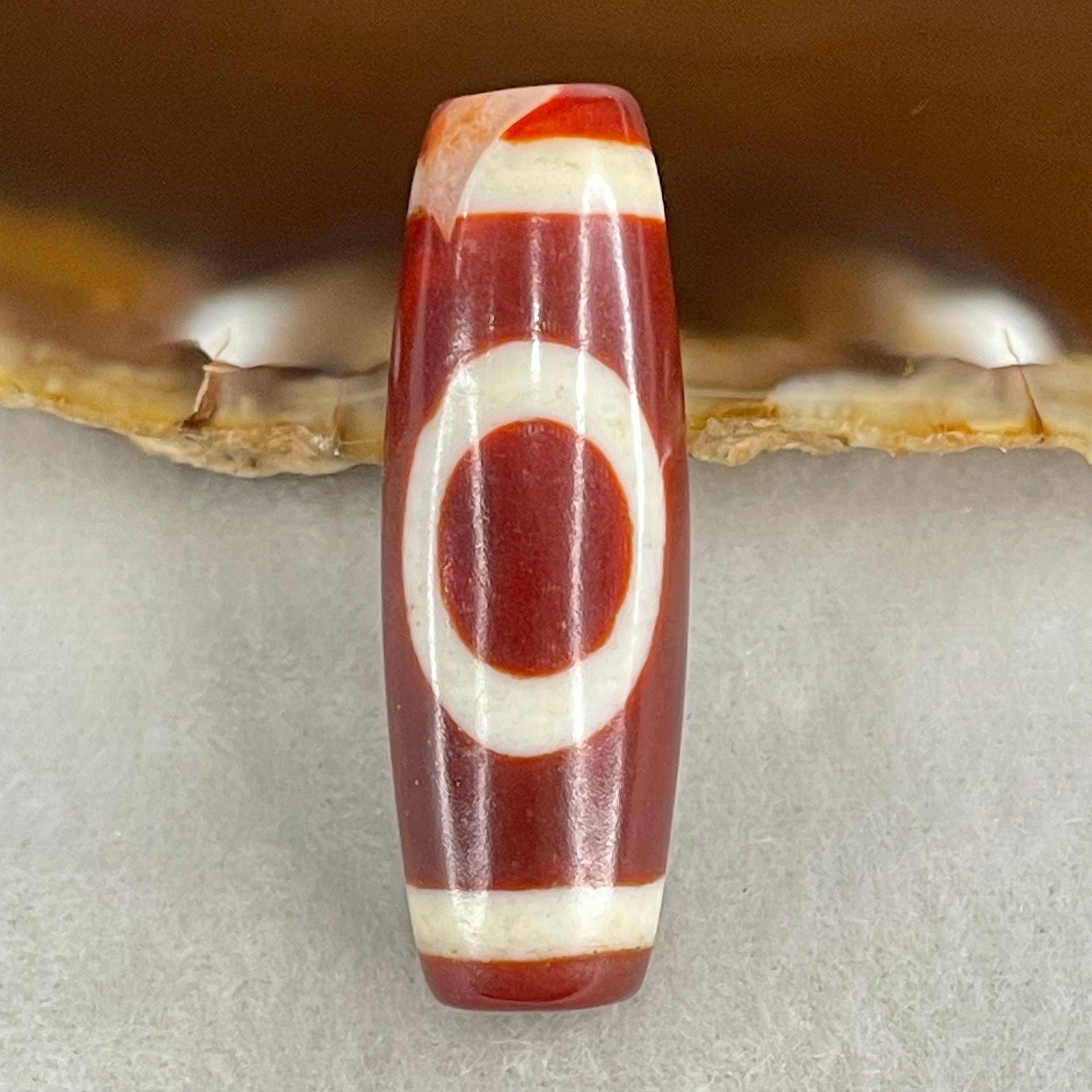 Natural Powerful Tibetan Old Oily Red White Agate One Eye Wood Element Dzi Bead Heavenly Master (Tian Zhu) 一眼木元素天珠 9.56g 37.7 by 12.9mm - Huangs Jadeite and Jewelry Pte Ltd
