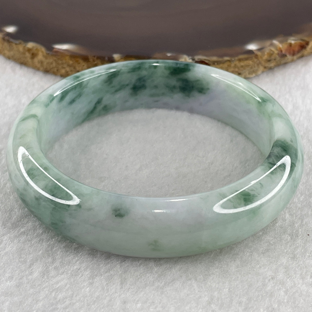 Certified Natural Type A Light Green with Spicy Green and Lavender Patches Jadeite Bangle 72.99g Internal Diameter 59.3mm 15.4 by 9.0mm (Slight Internal Line)