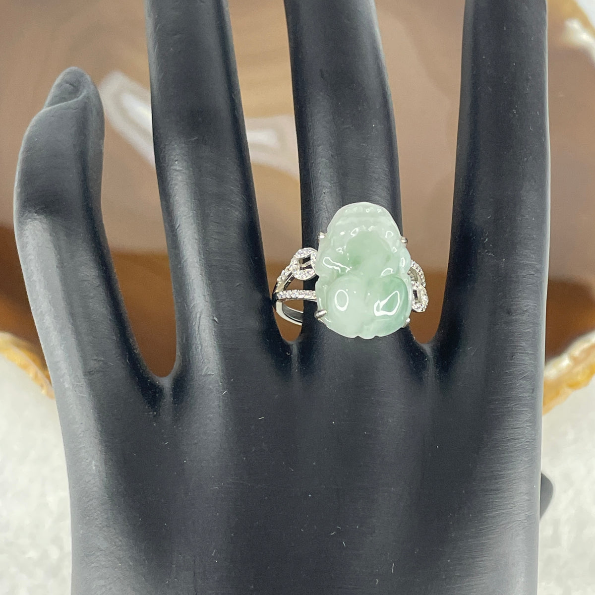 Type A White Jadeite Ring | Ethereal Floating Blueish-Green Flora (Piao Hua) | Master Hand-Carved Prosperity Pixiu | Solid S925 Sterling Silver Setting | Smart Adjustable Sizing (4.77g 18.5x12.7x6.5mm) - Huangs Jadeite and Jewelry Pte Ltd