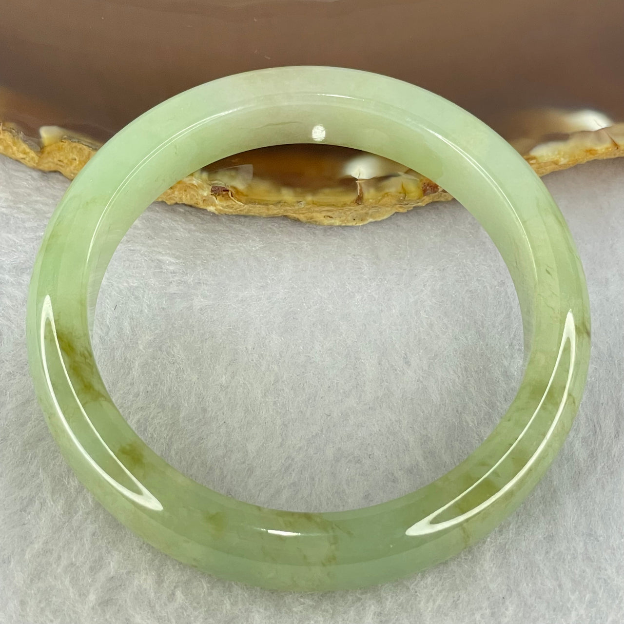 Type A Jelly Light Green and Brown Patches Jadeite Bangle Internal Diameter 54.2mm 49.77g 12.1 by 8.0mm (Slight Internal Lines) - Huangs Jadeite and Jewelry Pte Ltd