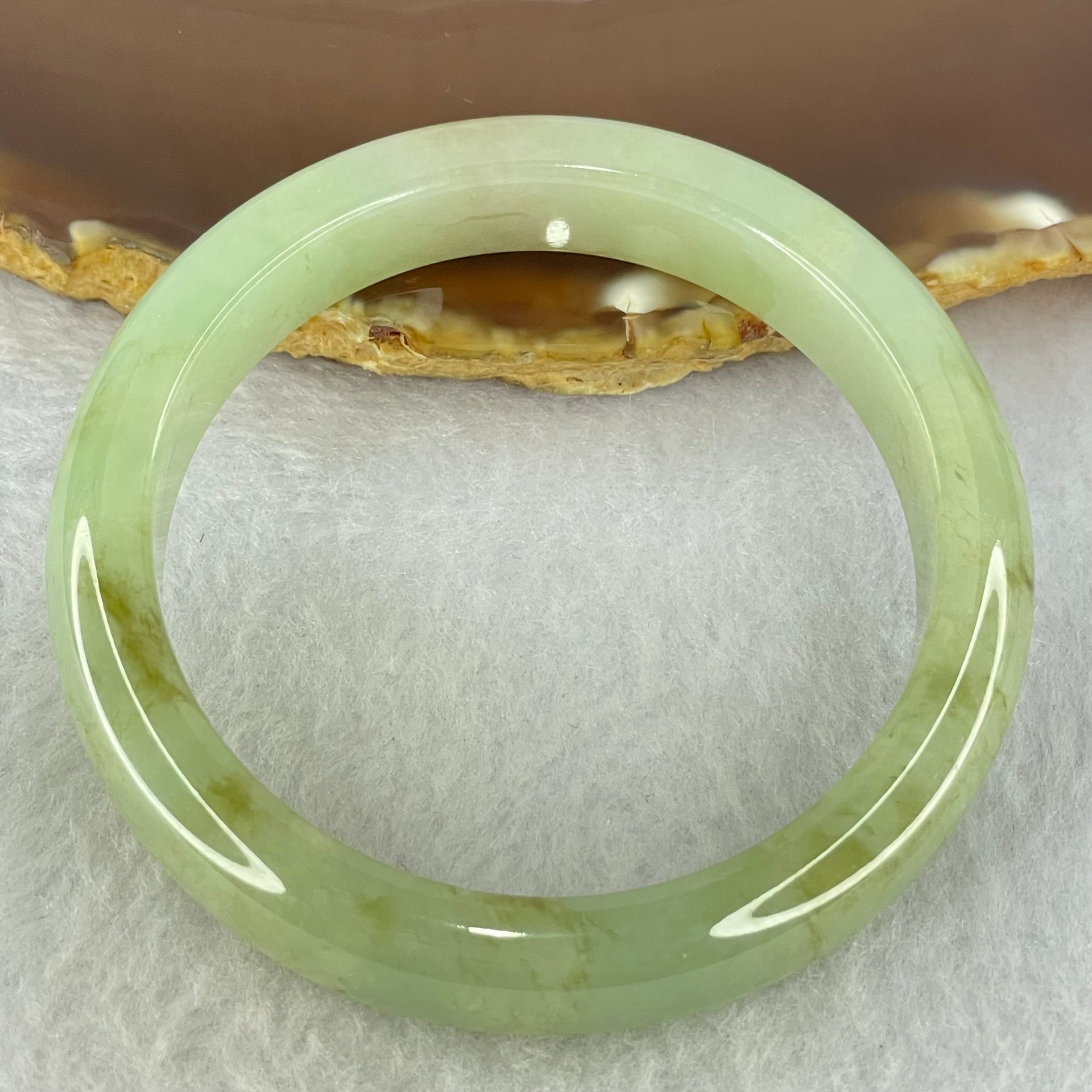 Type A Jelly Light Green and Brown Patches Jadeite Bangle Internal Diameter 54.2mm 49.77g 12.1 by 8.0mm (Slight Internal Lines) - Huangs Jadeite and Jewelry Pte Ltd