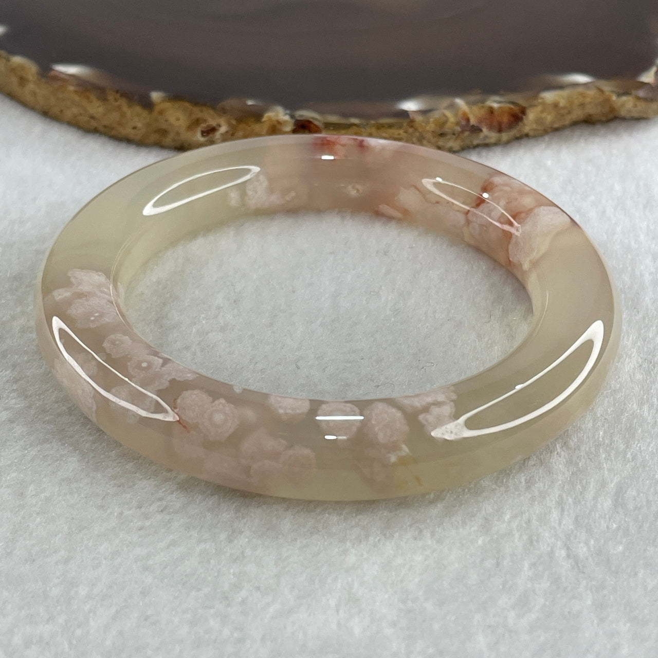 Natural Faint Yellow Flower Agate Bangle 62.28g Internal Diameter 56.6mm 11.8 by 12.3mm (Perfect) - Huangs Jadeite and Jewelry Pte Ltd