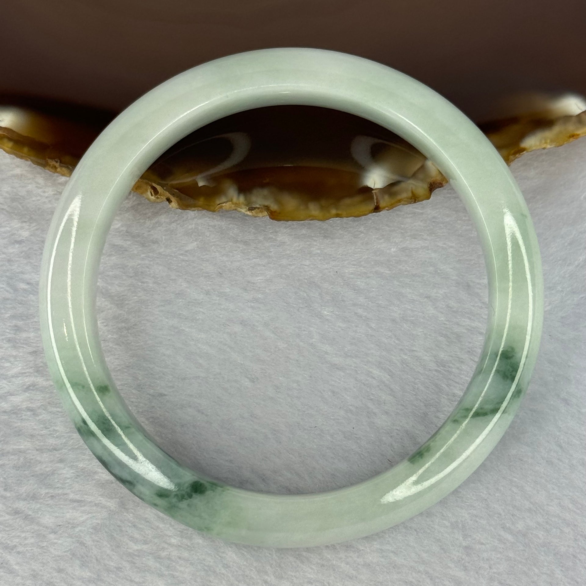 Type A Light Green with Green Piao Hua and Brown Spot Jadeite Bangle Internal Diameter 58.7mm 55.08g 12.4 by 8.5mm (Close to Perfect) - Huangs Jadeite and Jewelry Pte Ltd