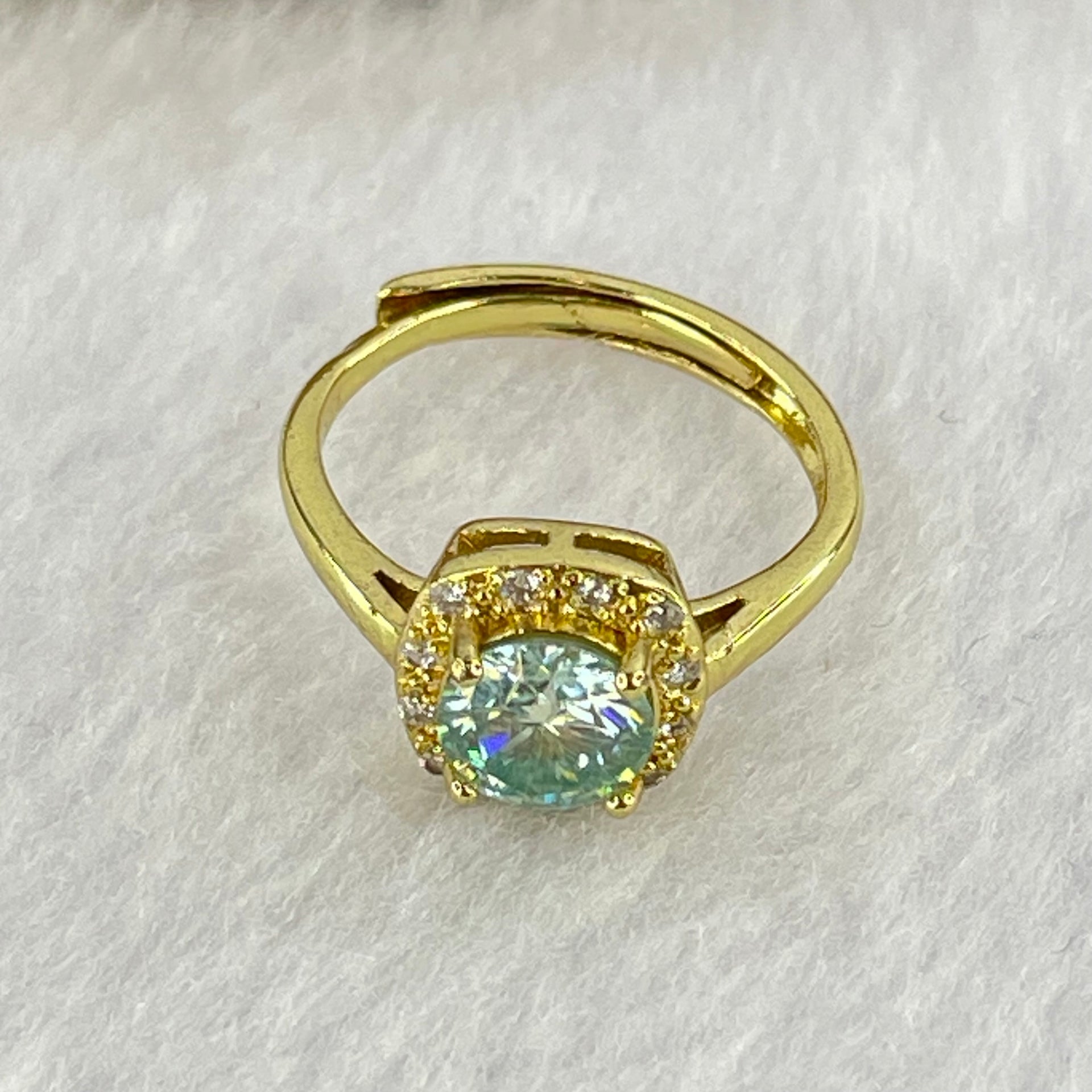 Green and Colourless Cubic Zirconia with Crystals in S925 Sliver Gold Color Ring (Adjustable Size) 1.91g 6.5 by 3.2mm - Huangs Jadeite and Jewelry Pte Ltd