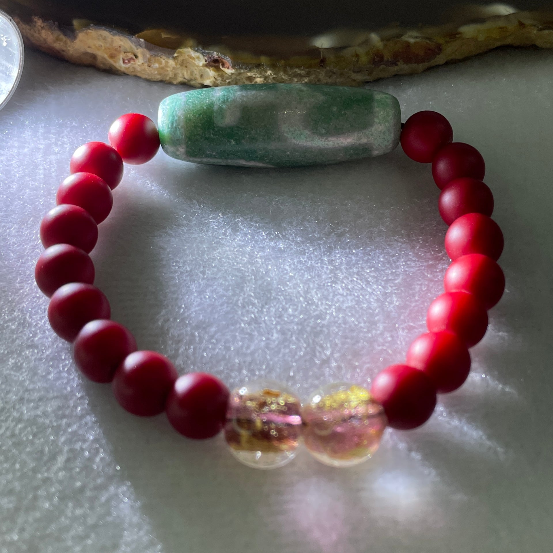 Natural Powerful Tibetan Old Oily Agate 2 Nectar Vessel Dzi Bead Heavenly Master (Tian Zhu) 38.1 by 13.2mm with Natural Red Agate Beads Bracelet 24.23g 15cm 8.0mm 17 Beads - Huangs Jadeite and Jewelry Pte Ltd