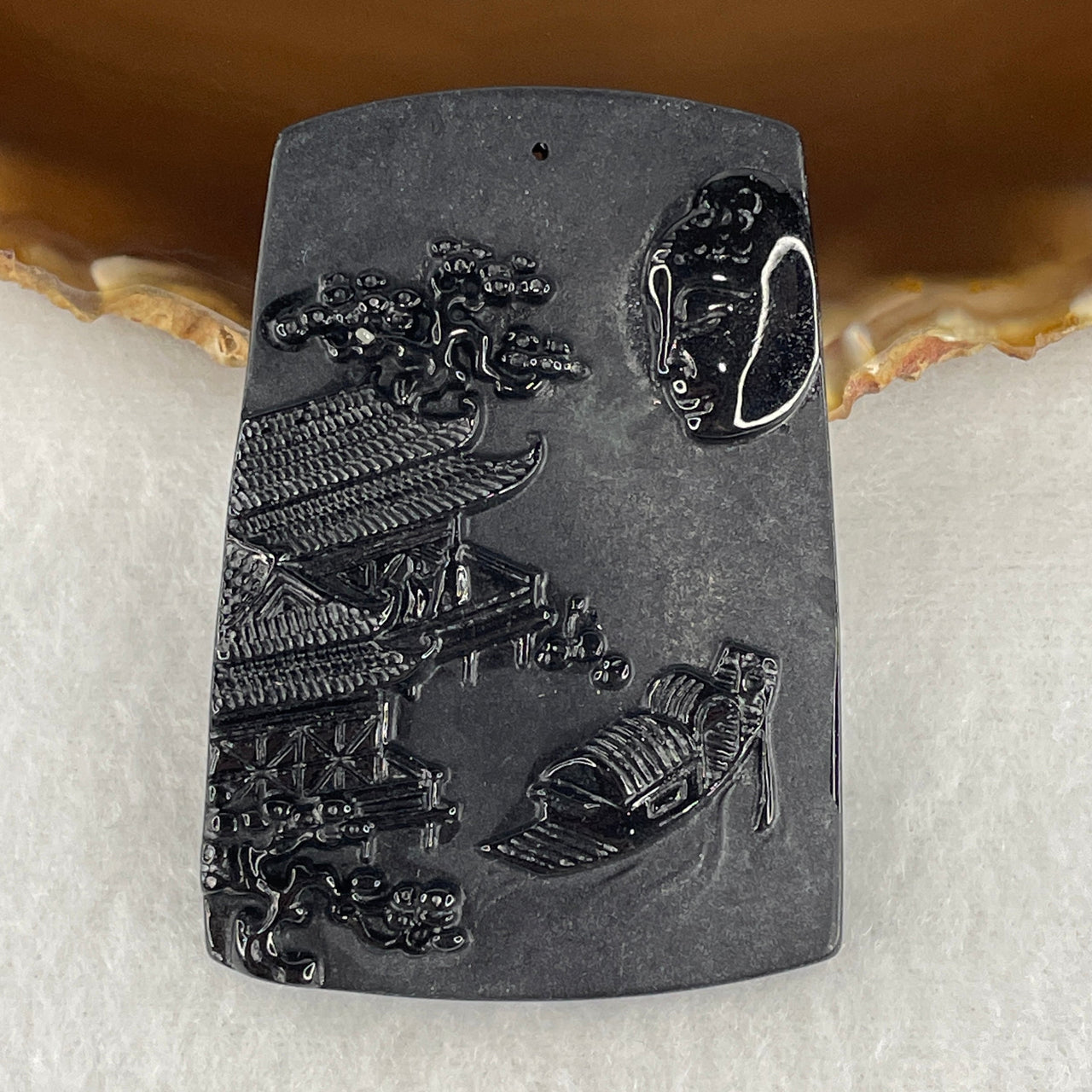Certified Type A Opaque Black Omphacite Jadeite Shan Shui & Buddha Face Pendant | Harmony Landscape & Enlightenment Amulet (23.45g | 59.9 x 41.6 x 7.0mm)