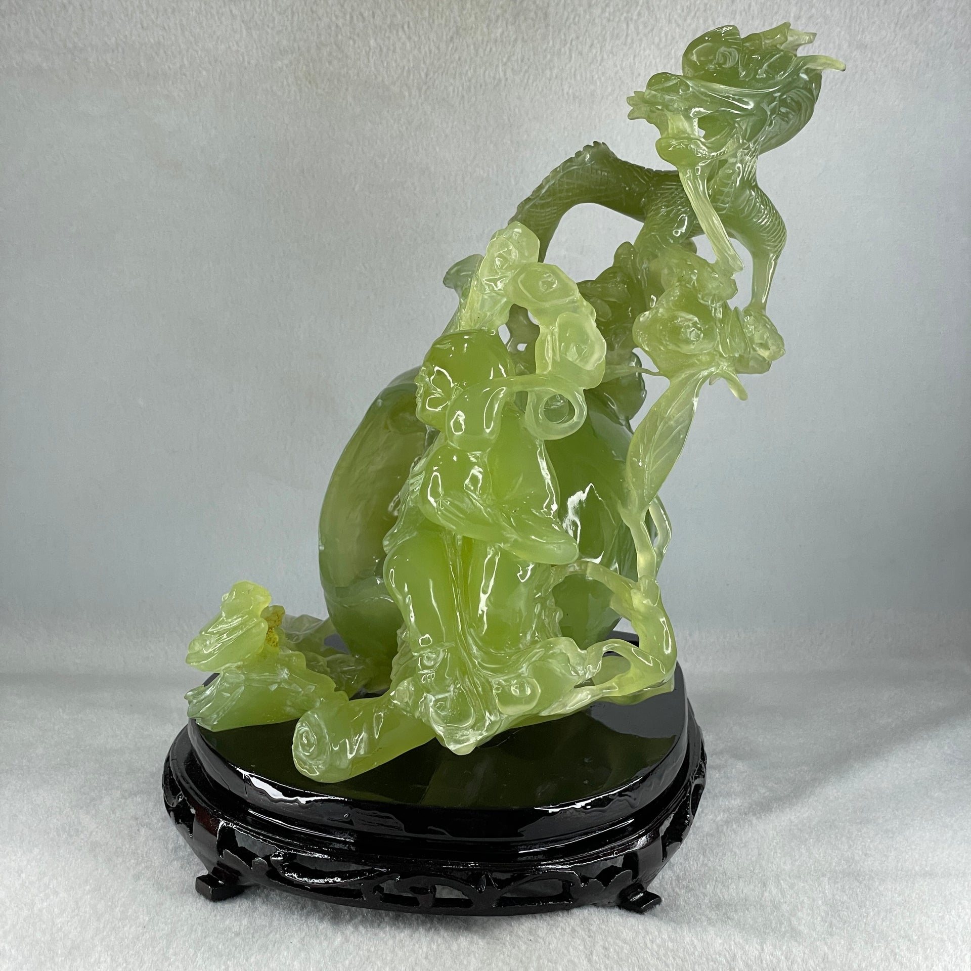 Natural Green Serpentine Dragon with Shou Xing Gong and Tong Zi with Wooden Stand Display 2610.6g 200.0 by 175.0 by 215.0mm - Huangs Jadeite and Jewelry Pte Ltd