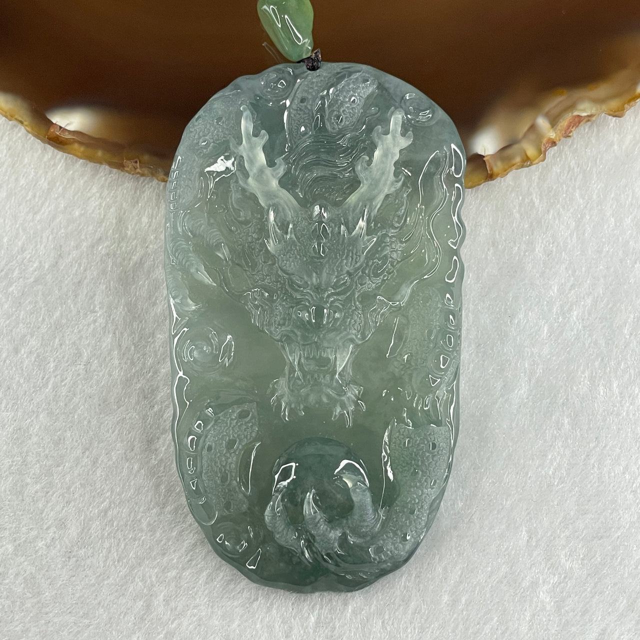 Type A Icy Blueish Green Jadeite Dragon Double Side Pendant 65.72g 73.0 by 41.9 by 9.8mm