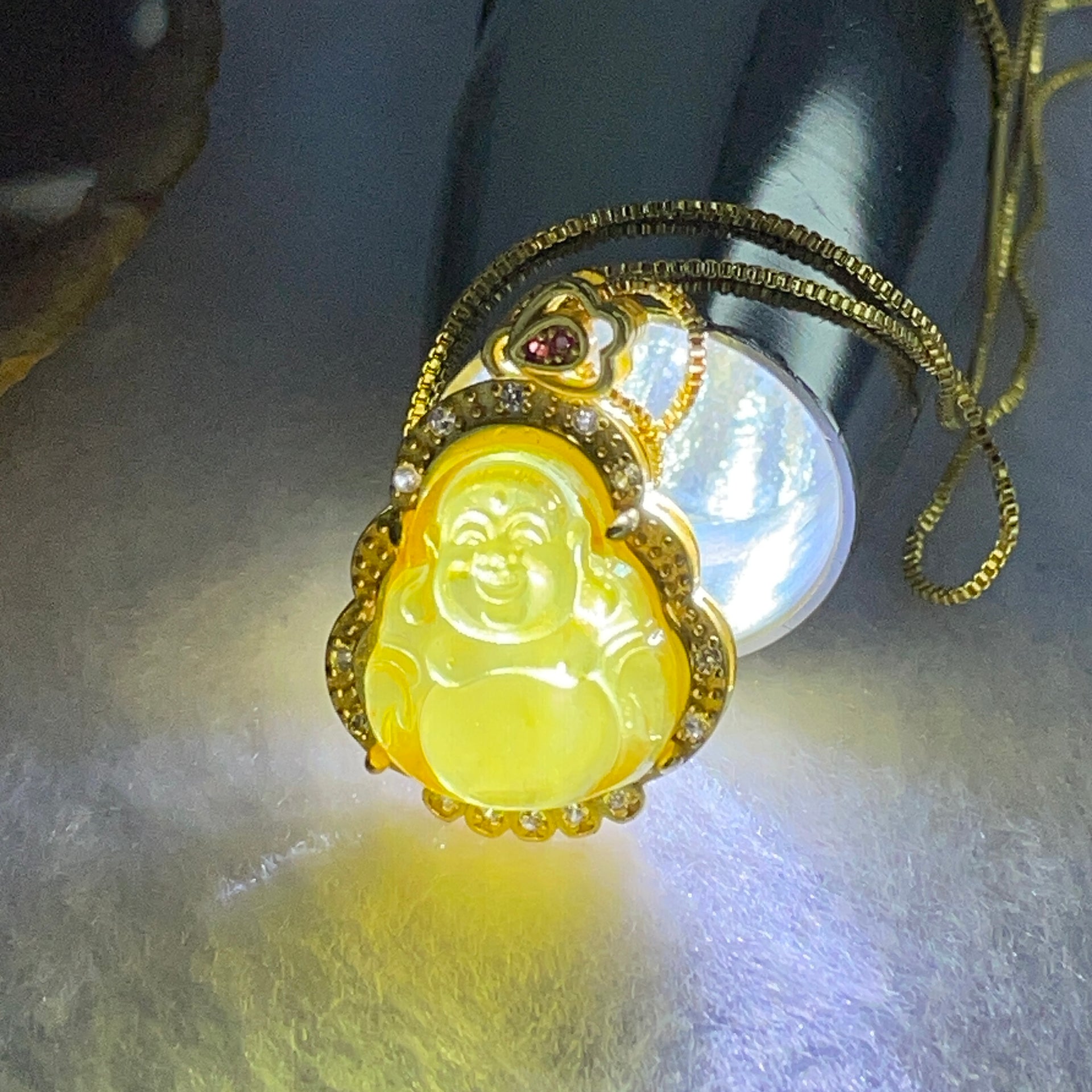 Natural Yellow Amber Milo Buddha Pendent in Gold Color Silver Necklace 4.44g 15.7 by 14.3 by 5.0mm - Huangs Jadeite and Jewelry Pte Ltd