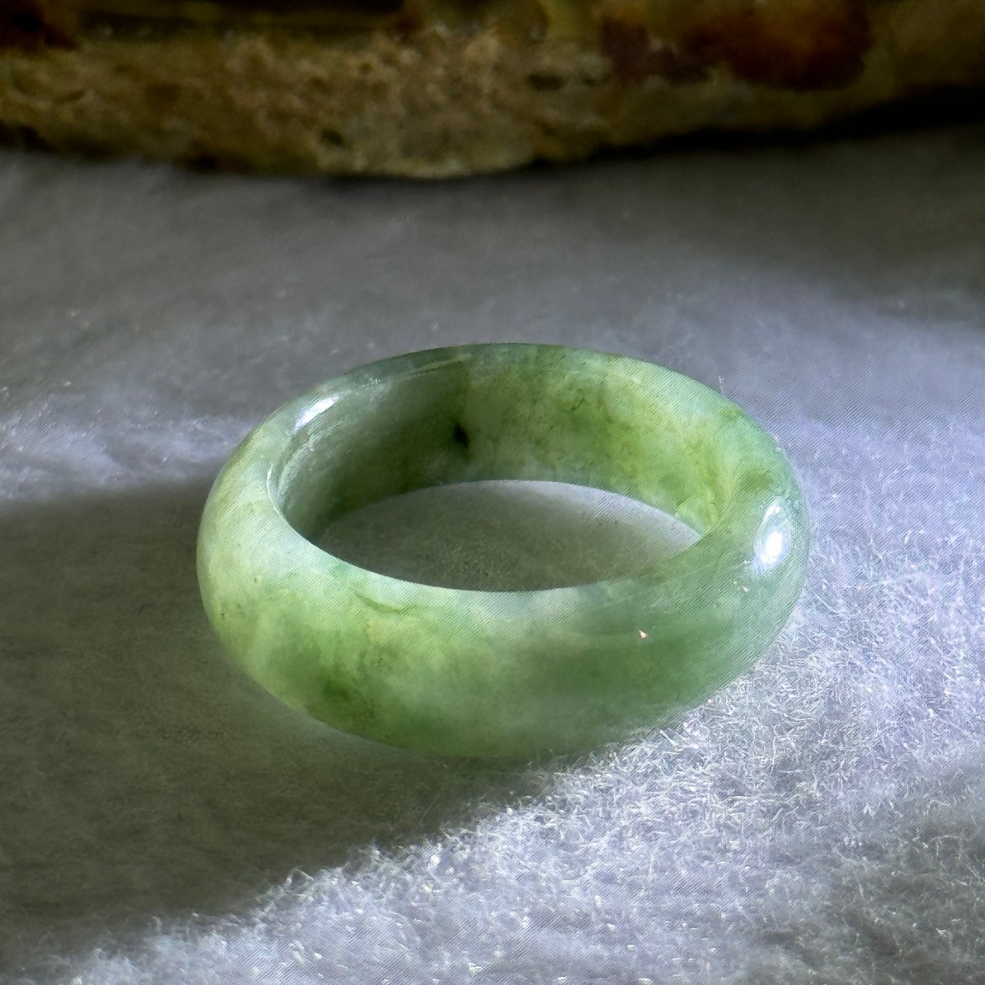 Type A Green Grey Wuji Jadeite Ring 3.90g 6.8 by 3.2mm US8 HK18 - Huangs Jadeite and Jewelry Pte Ltd