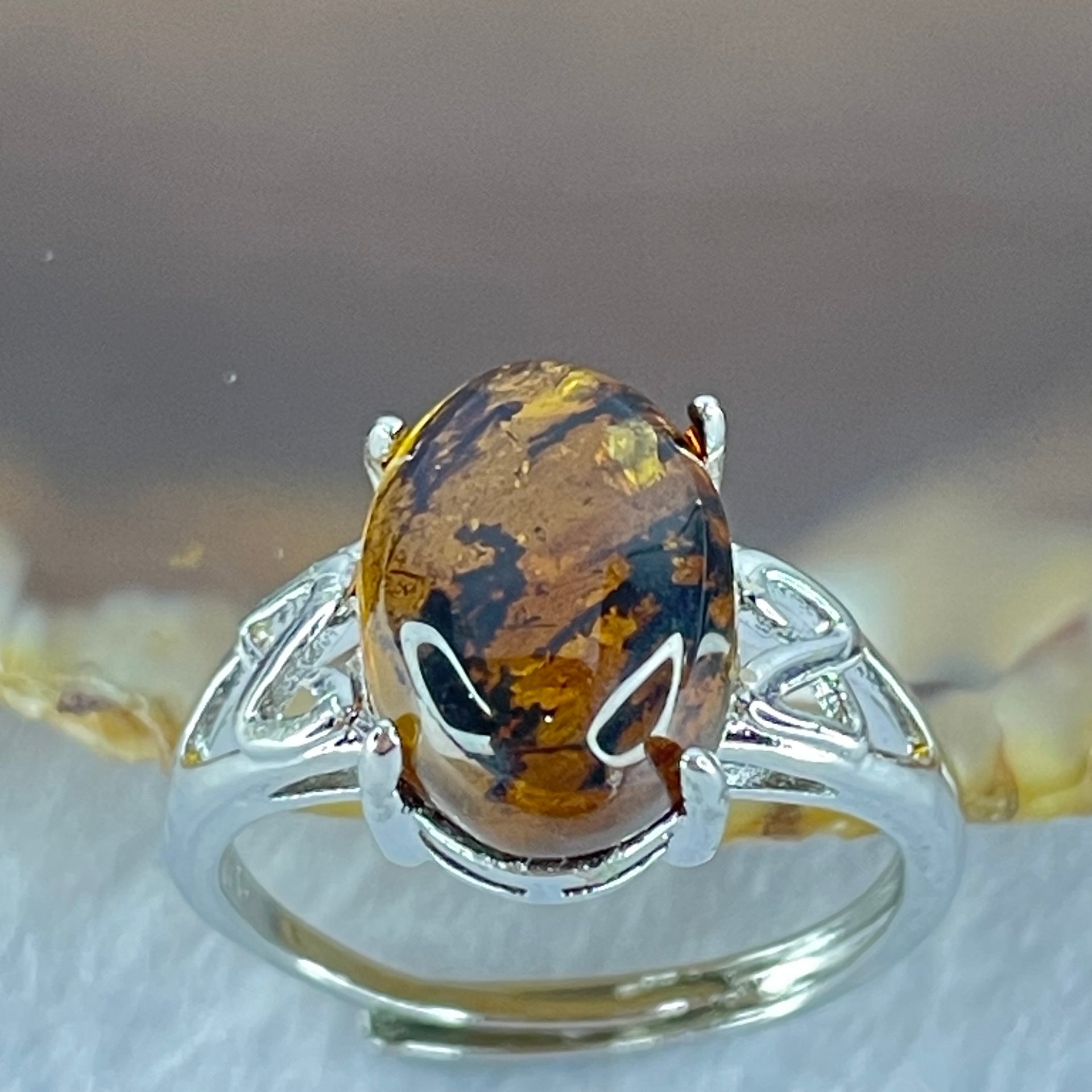 Natural Cognac Amber in S925 Sliver Ring (Adjustable Size) 2.11g 12.7 by 9.0 by 4.5mm - Huangs Jadeite and Jewelry Pte Ltd