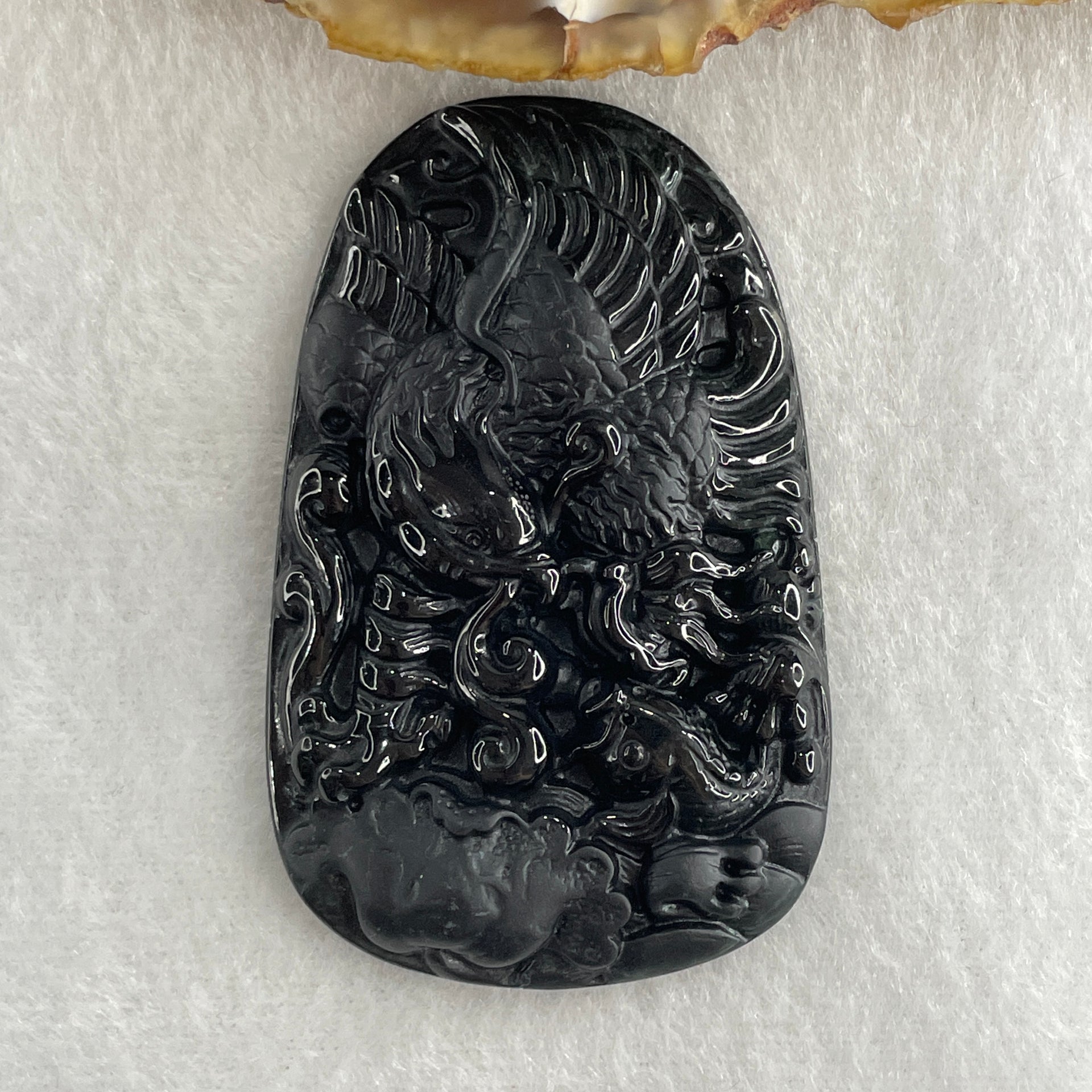 Type A Opaque to Partial Translucent Black Omphacite Jadeite Eagle Fish and Lotus Leaf Pendant 29.55g 60.1 by 38.1 by 8.0mm - Huangs Jadeite and Jewelry Pte Ltd