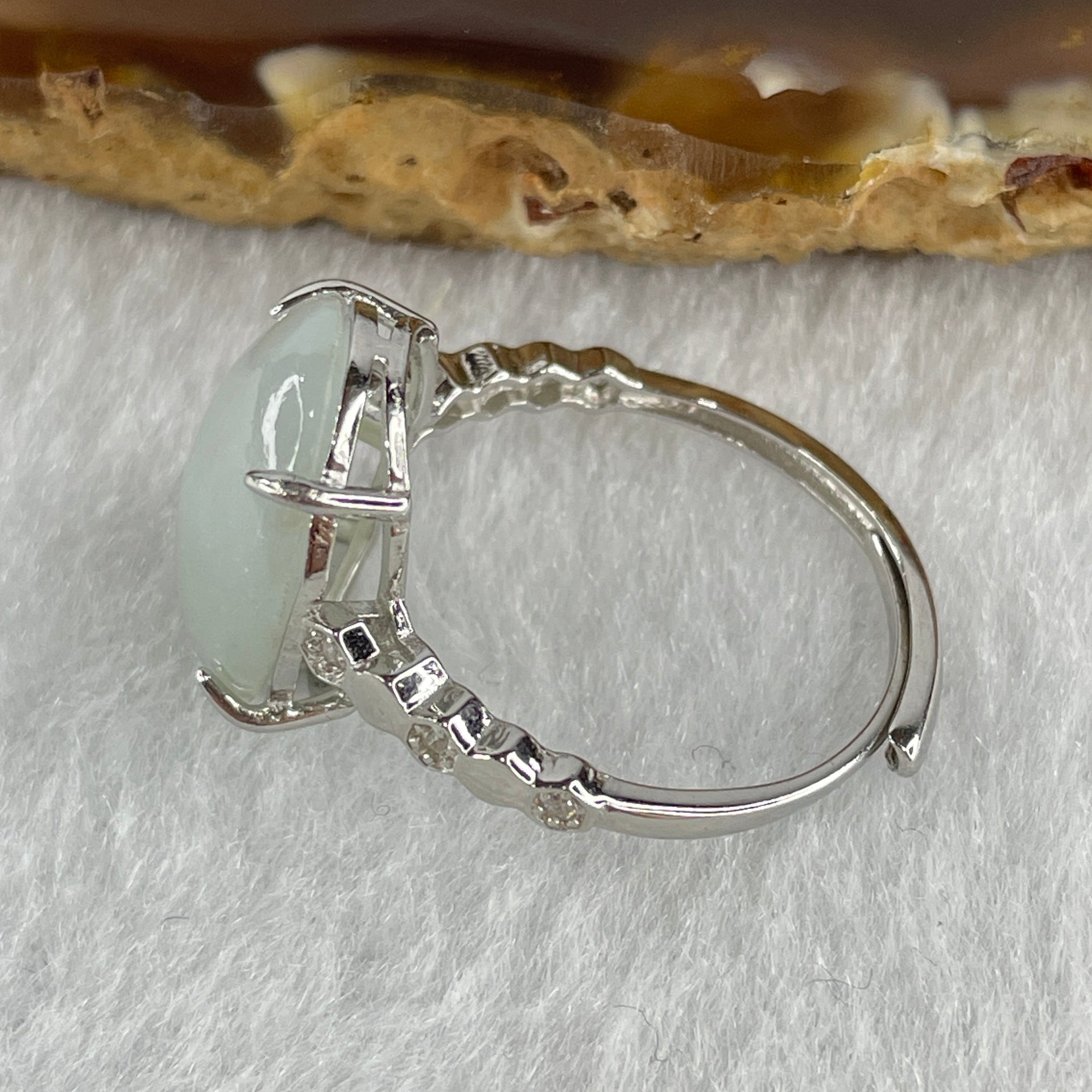 Natural Type A Semi Icy Faint Lavender Jadeite Oval Shape Cabouchon in S925 Silver Ring (Adjustable Size) 2.70g 14.8 by 11.1 by 4.5mm - Huangs Jadeite and Jewelry Pte Ltd