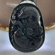 Type A Opaque to Partial Translucent Black Omphacite Jadeite Double Fish with Lotus Flower and Coins Pendant 29.11g 61.1 by 44.1 by 9.2mm - Huangs Jadeite and Jewelry Pte Ltd