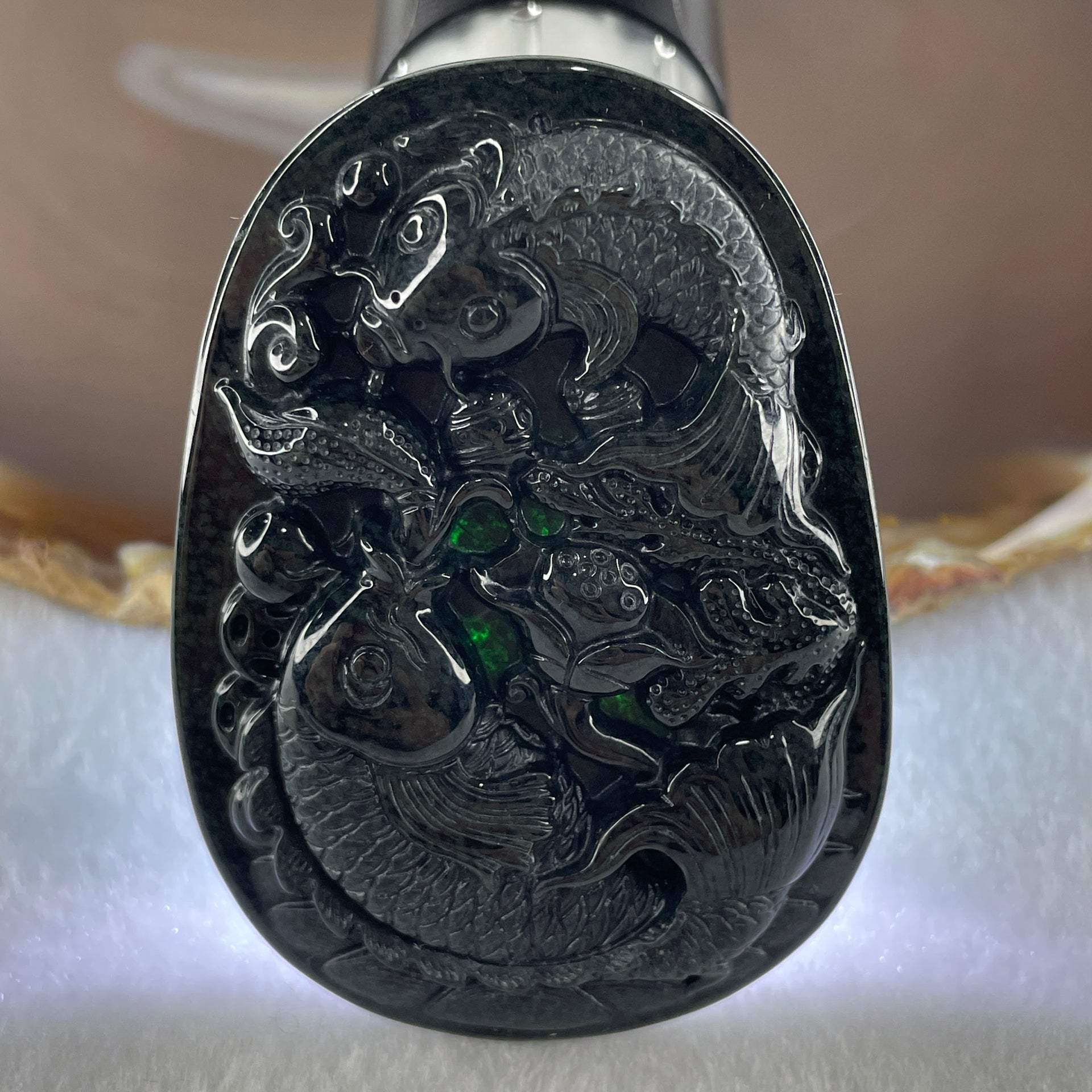 Type A Opaque to Partial Translucent Black Omphacite Jadeite Double Fish with Lotus Flower and Coins Pendant 29.11g 61.1 by 44.1 by 9.2mm - Huangs Jadeite and Jewelry Pte Ltd