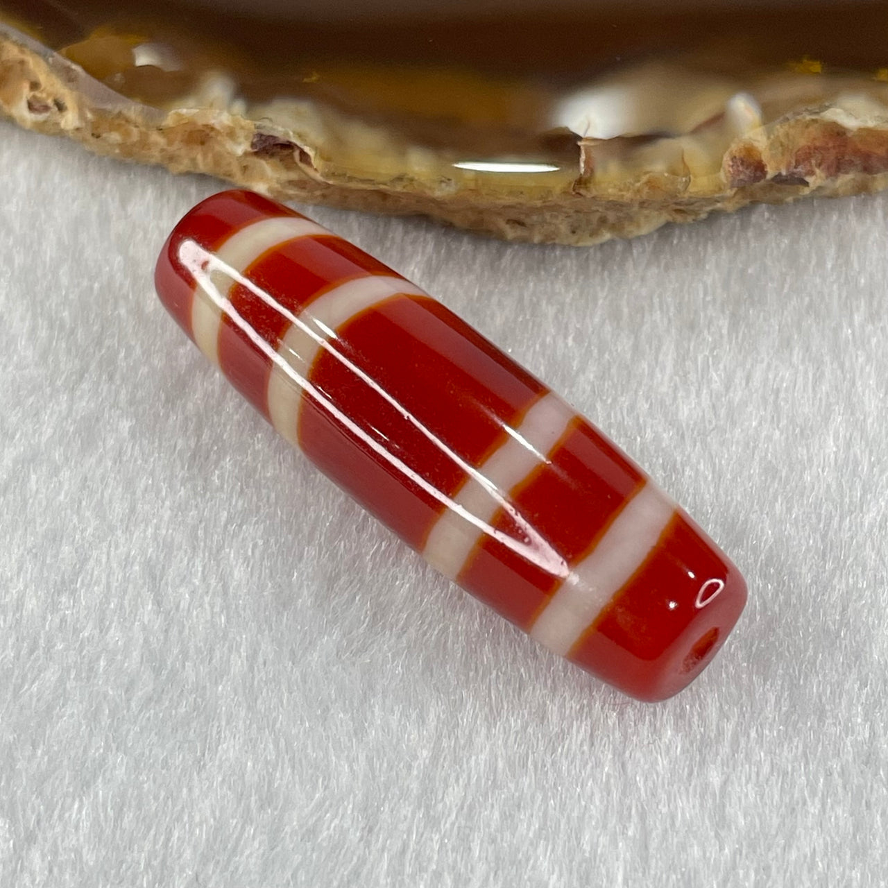 Natural Powerful Tibetan Old Oily Red White Agate 4 Lines Bead Heavenly Master (Tian Zhu) 8.73g 39.3 by 11.7mm - Huangs Jadeite and Jewelry Pte Ltd