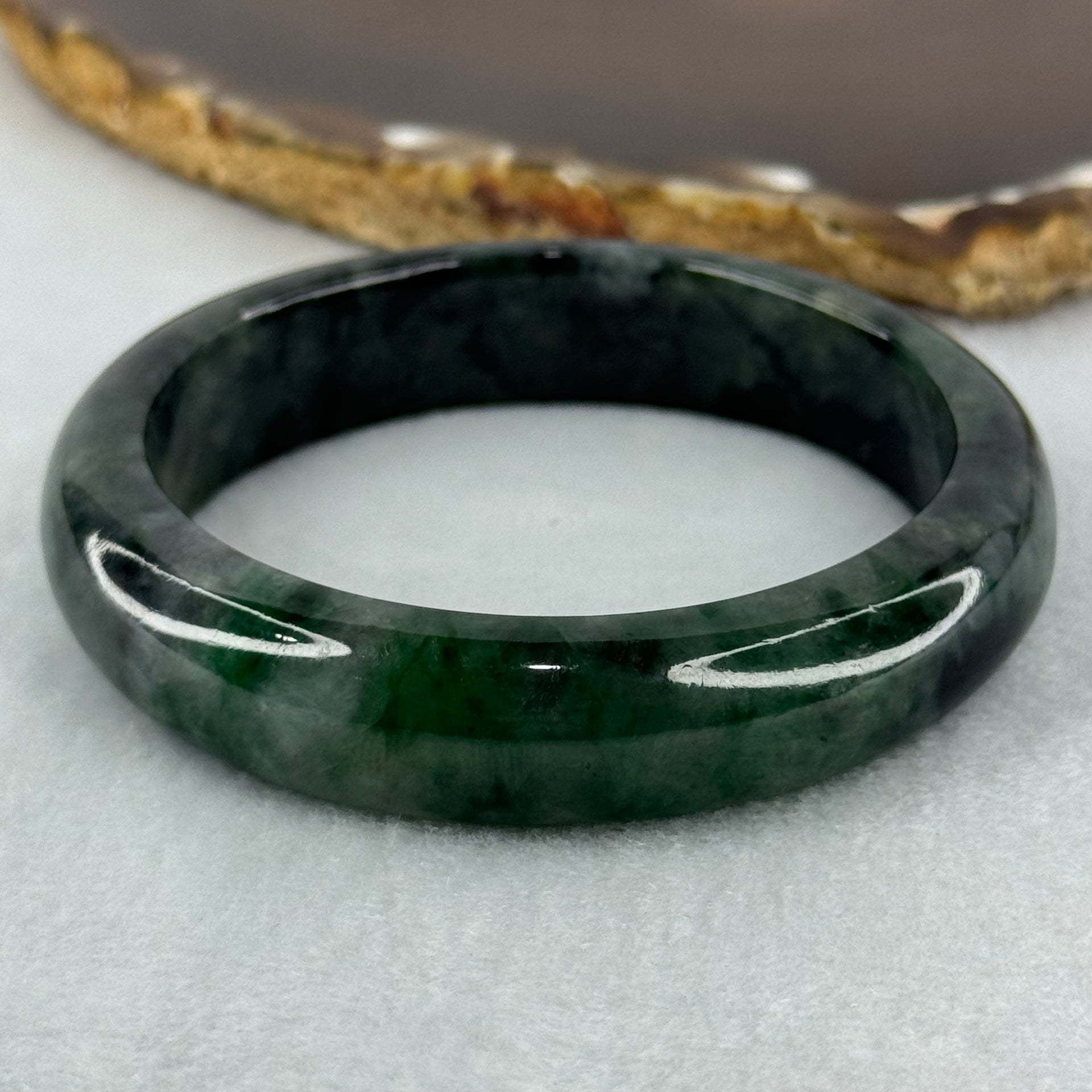 Type A Dark Green with Black and Emerald Green Piao Hua Jadeite Bangle Internal Diameter 55.7mm 57.67g 13.8 by 8.2mm (Very Slight External Rough) - Huangs Jadeite and Jewelry Pte Ltd