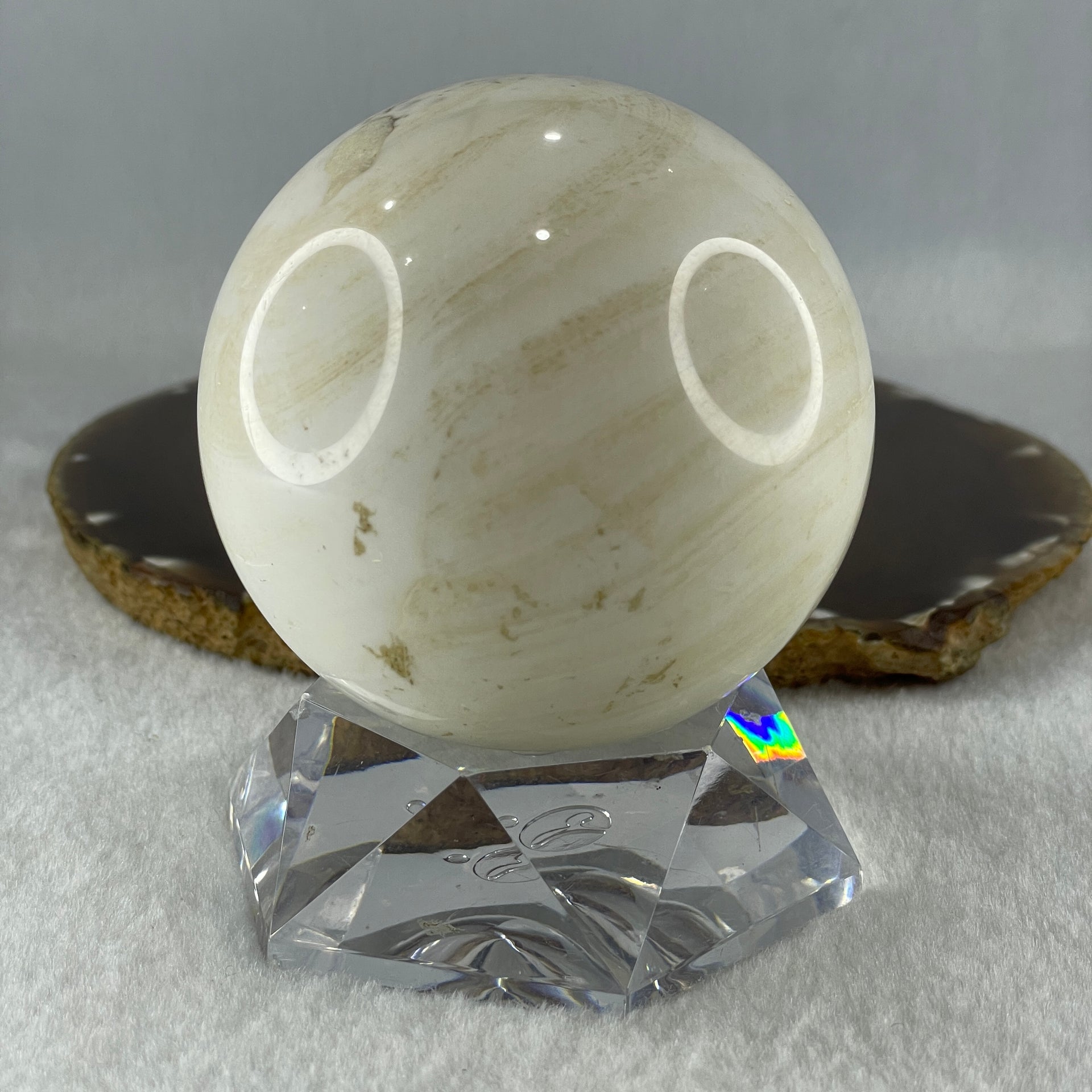 Natural White with Yellow Calcite Sphere Ball with Acrylic Display 578.5g 71.4 by 86.5mm - Huangs Jadeite and Jewelry Pte Ltd