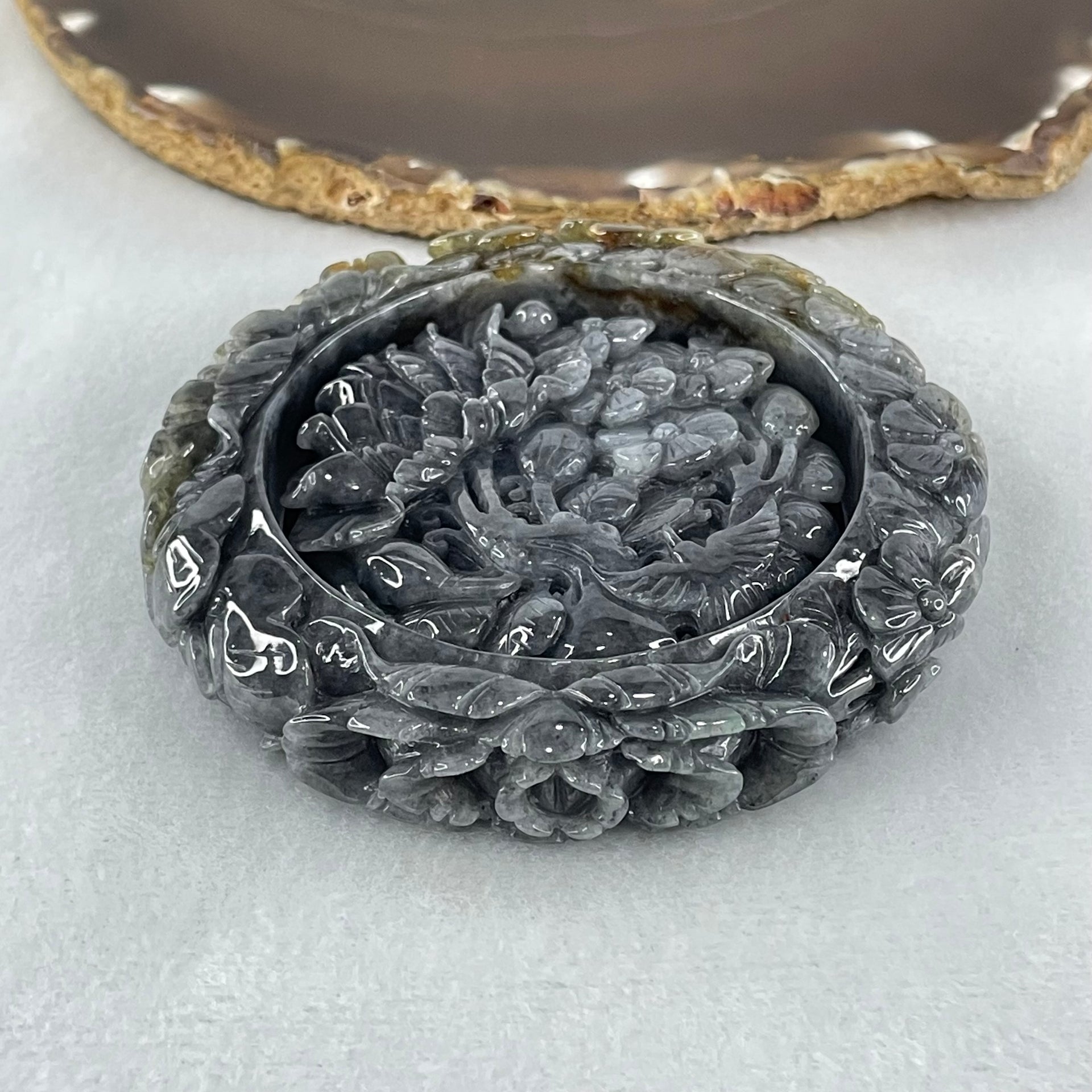 Type A Wuji Grey with Brown Jadeite Bird with Prosperity Flowers and Ruyi Bangle Inner Diameter 58.4mm 14.1 by 13.5mm and Pendant 56.5 by 14.4mm Total Weight 192.46g - Huangs Jadeite and Jewelry Pte Ltd