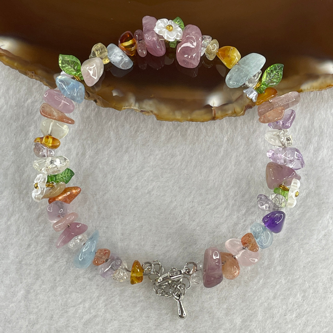 Natural Multi Treasures Mixed Quartz Irregular Shape Bracelet with Flowers Charm 14.03g 17cm 9.9mm 48pcs