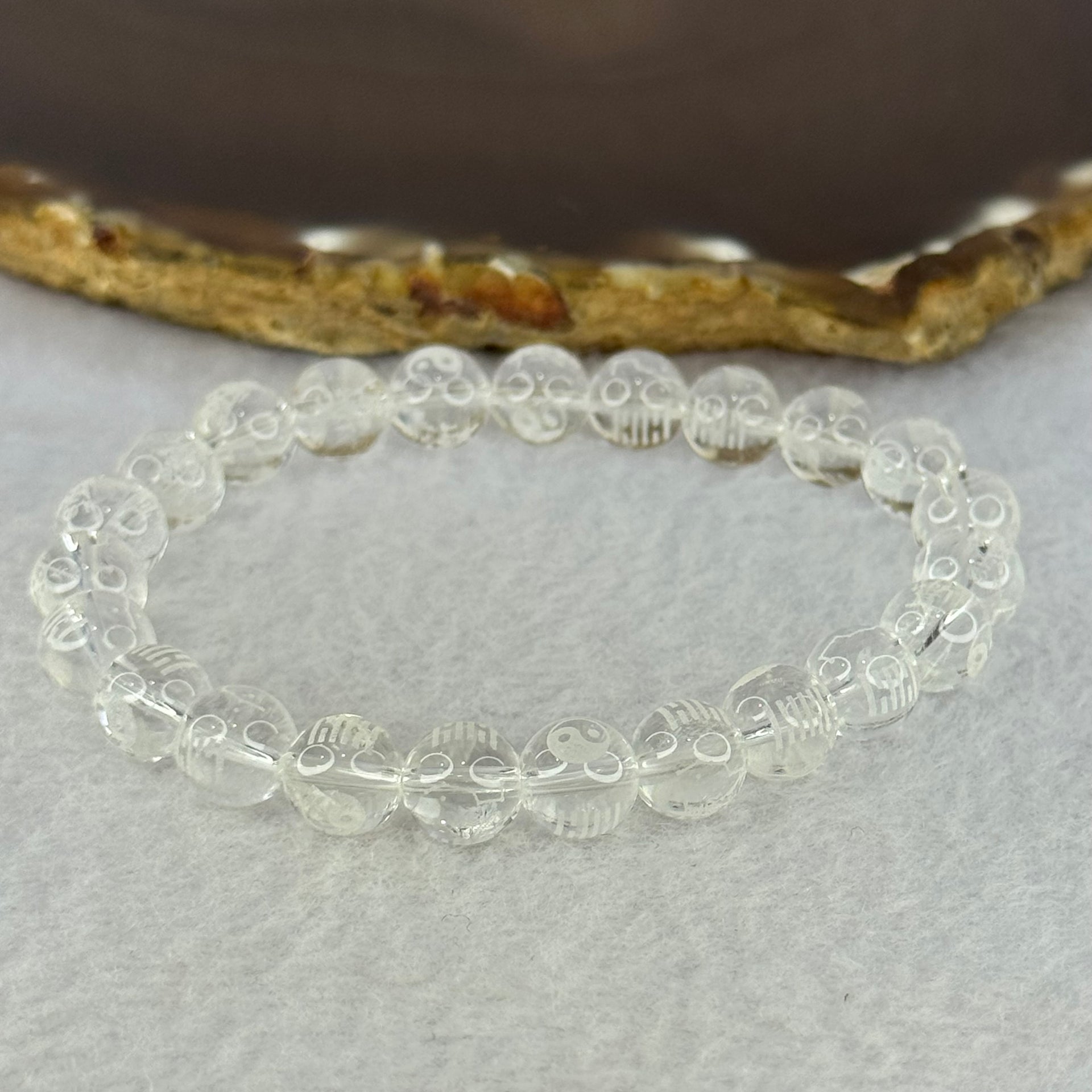 Natural Clear Quartz Beads with Inscription Bracelet 17.93 15.5cm 8.4mm 23 Beads - Huangs Jadeite and Jewelry Pte Ltd