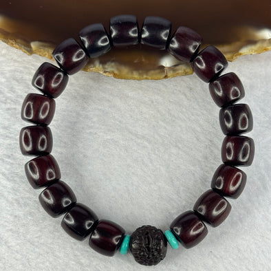 Natural Indian Small Leaf Zitan Wood Beads and Pixiu Bead with Turquoise Bracelet 印度小叶紫檀 14.56g 17cm 10.2mm 19 Beads - Huangs Jadeite and Jewelry Pte Ltd