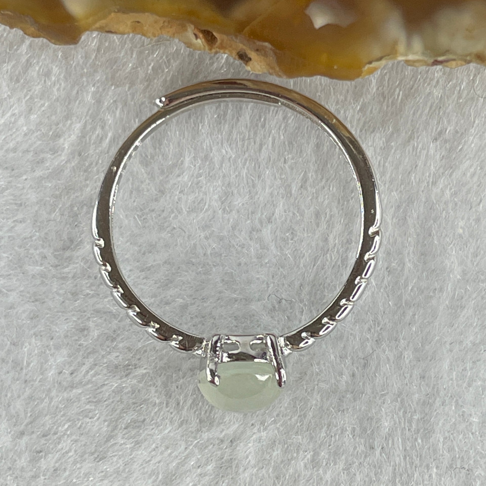 Natural Type A Semi Icy Faint Green Jadeite Oval Shape Cabouchon in S925 Silver Ring (Adjustable Size) 1.50g 7.9 by 6.3 by 3.5mm - Huangs Jadeite and Jewelry Pte Ltd