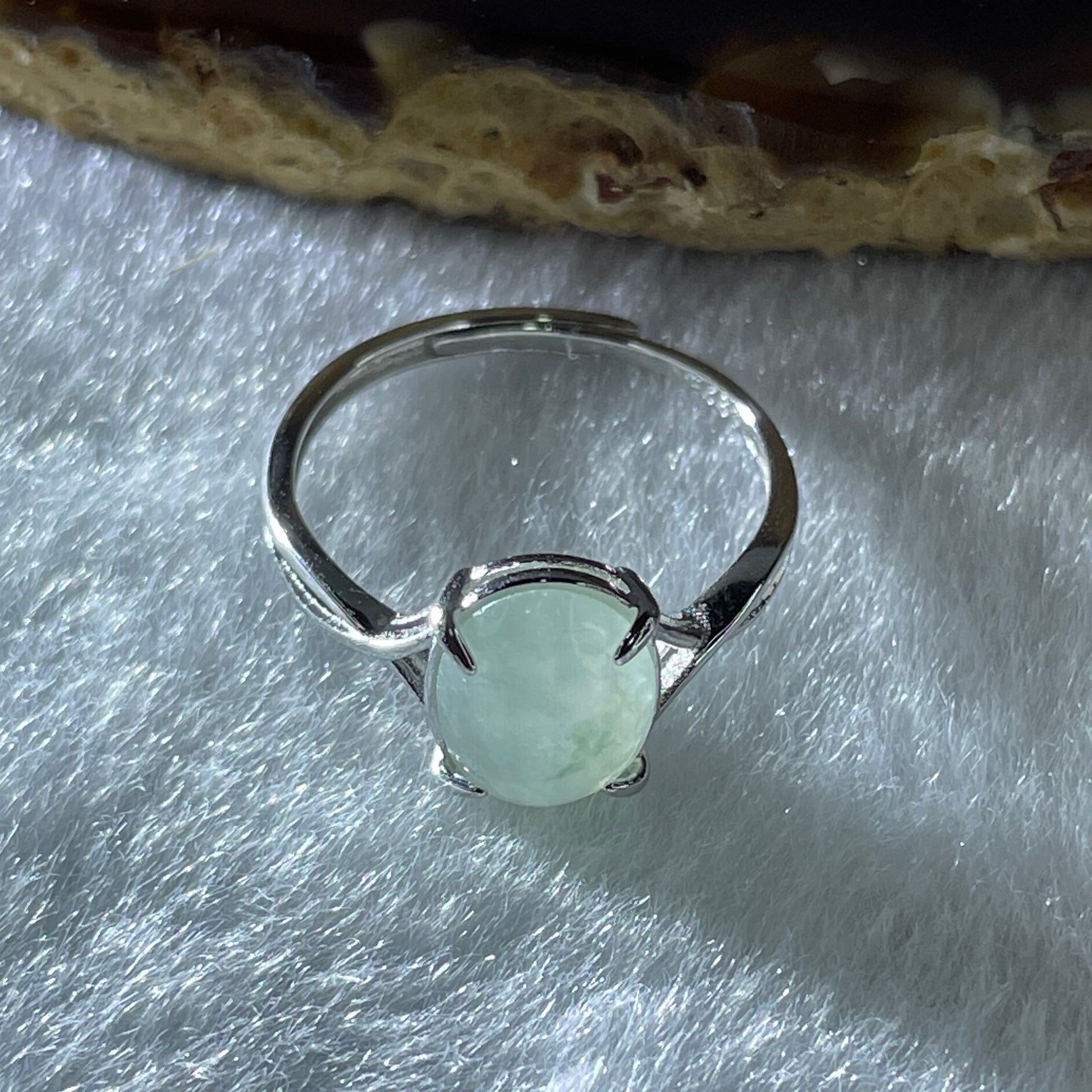 Natural Type A Semi Icy Faint Green Jadeite Oval Shape Cabouchon in S925 Silver Ring (Adjustable Size) 1.38g 9.5 by 7.2 by 3.5mm - Huangs Jadeite and Jewelry Pte Ltd