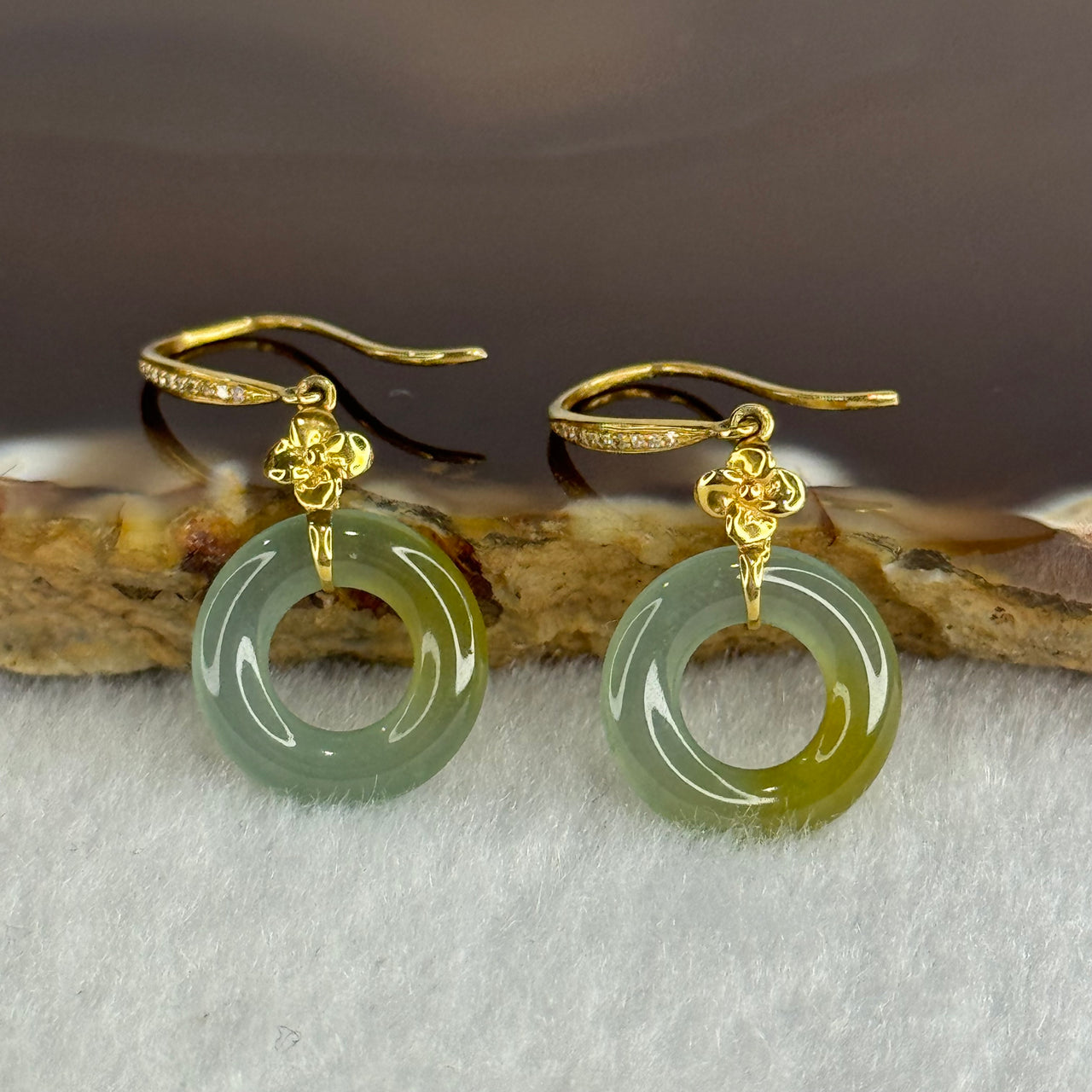 Type A Icy Blueish Green with Yellow Ping An Kou Jade Jadeite Earrings 18k Yellow Gold 2.12g 30.8 by 12.6 by 2.6mm - Huangs Jadeite and Jewelry Pte Ltd