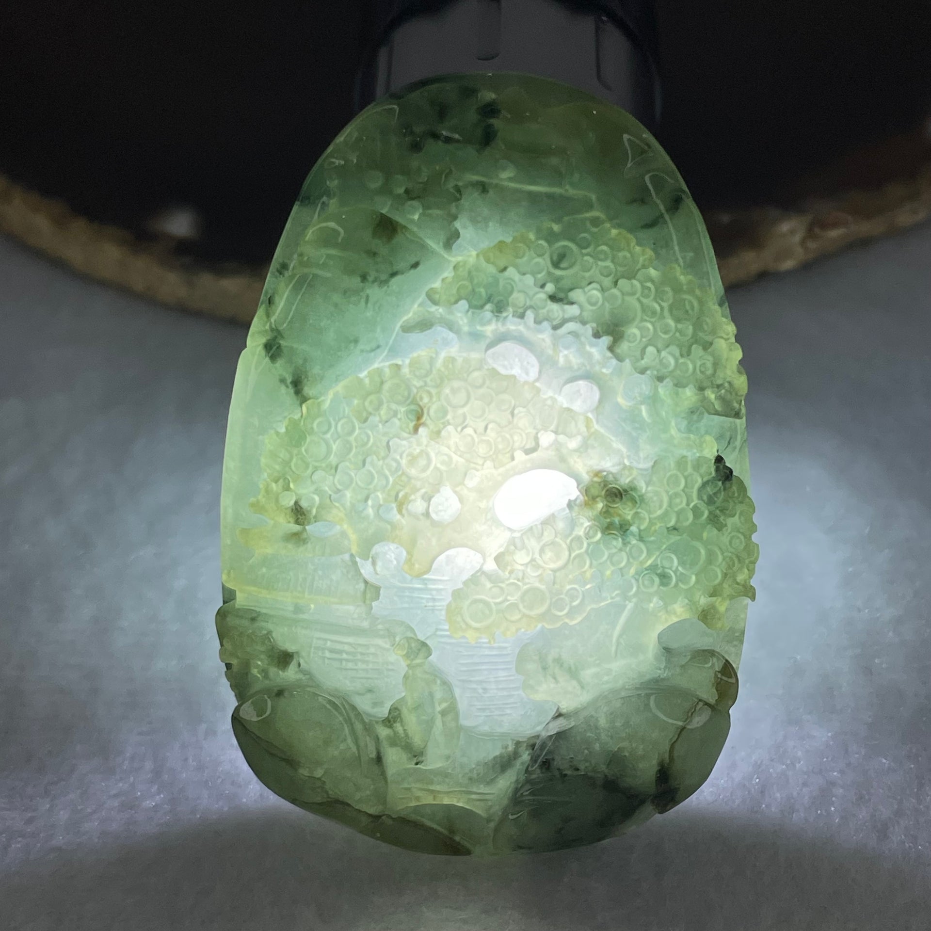 Type A Semi Icy Green with Dark Green Piao Hua Jadeite Shan Shui Gui Ren Benefactor Pendant 53.05g 59.6 by 40.3 by 10.7mm - Huangs Jadeite and Jewelry Pte Ltd