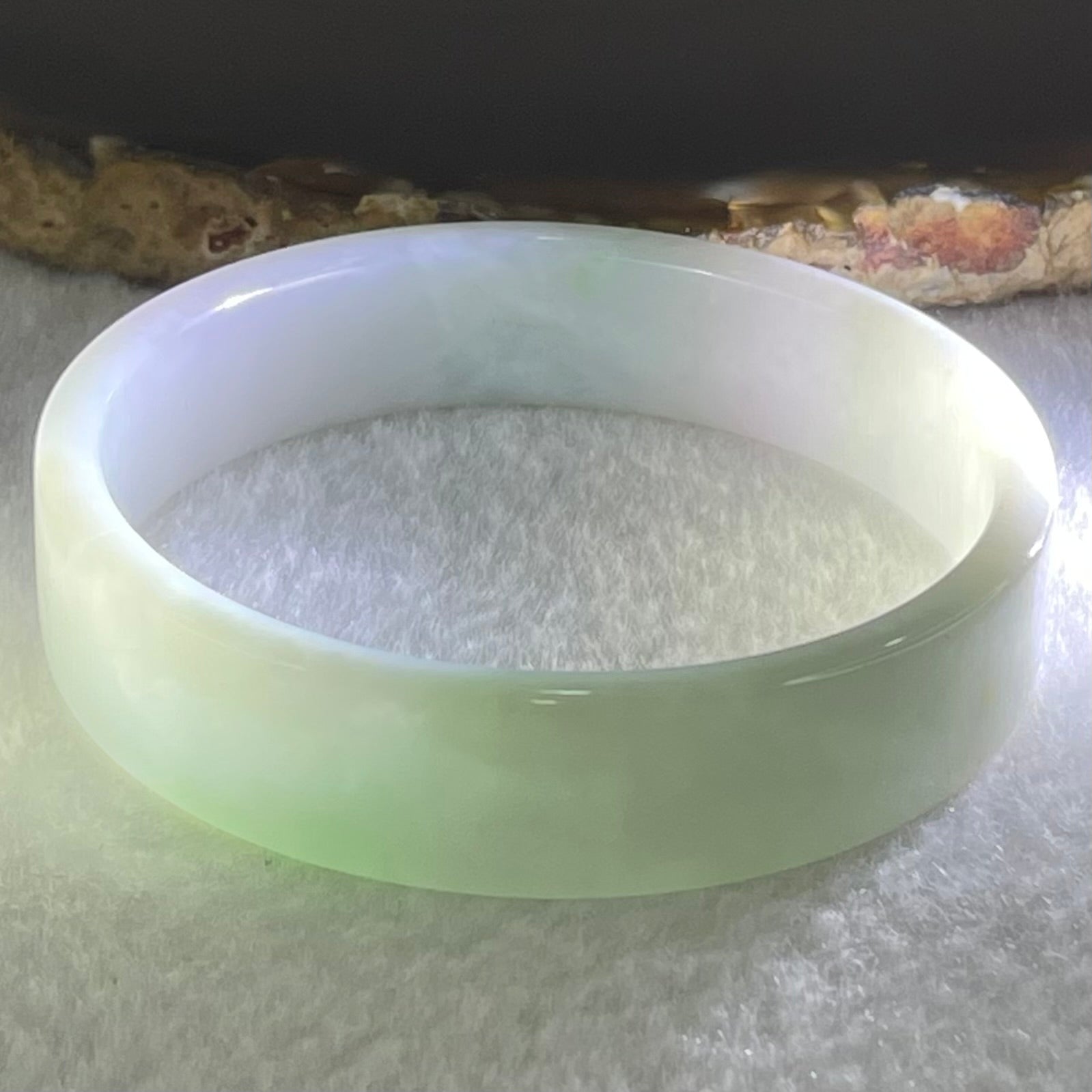 Type A Green Lavender with Yellow Spot Jadeite Flat Round Bangle 27.20g Internal Diameter 51.8mm 12.7 by 4.0mm (Perfect) - Huangs Jadeite and Jewelry Pte Ltd