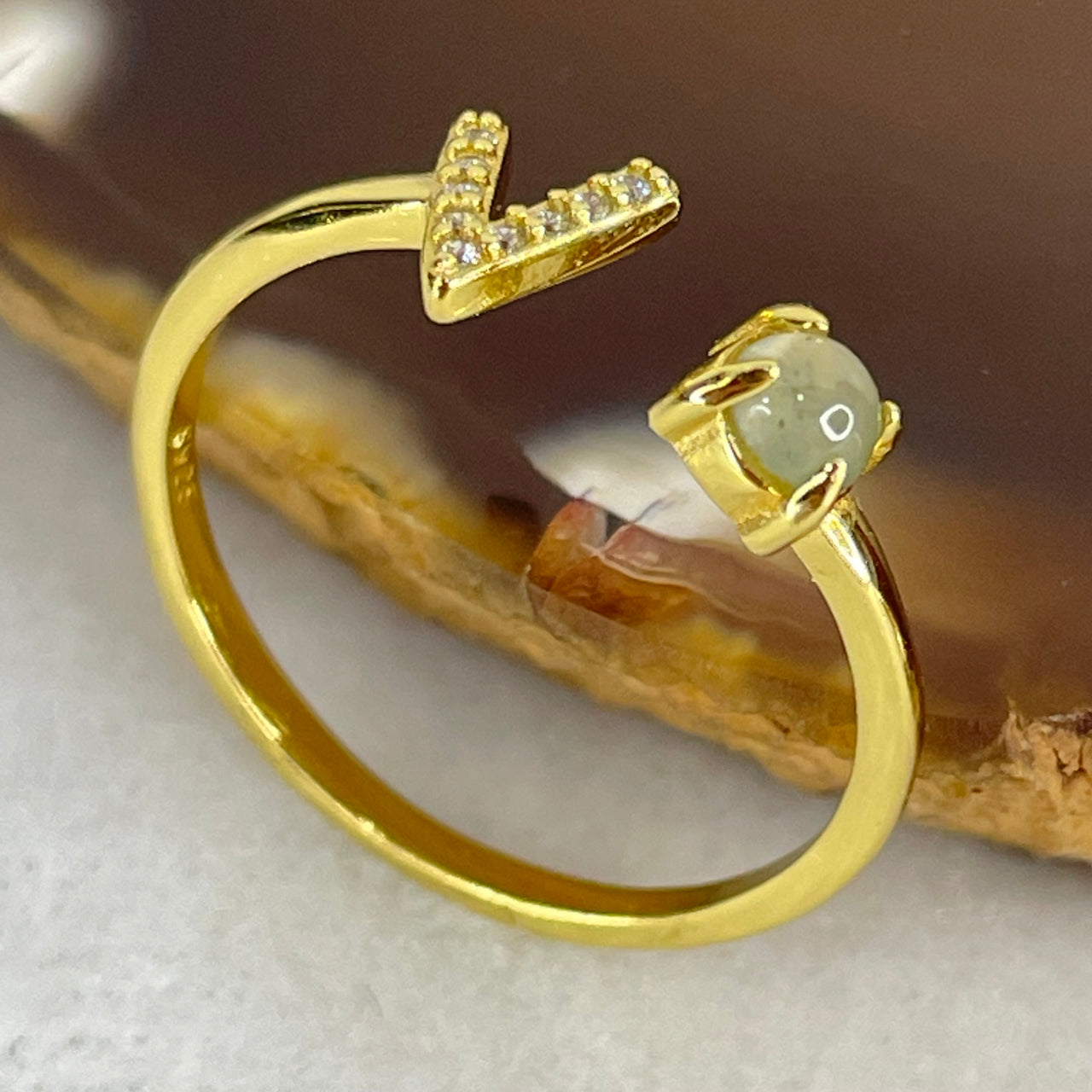 Type A Semi Icy Green Cabochon Jadeite in S925 Sliver Gold Color Ring (Adjustable Size) 1.18g 2.6 by 2.0mm - Huangs Jadeite and Jewelry Pte Ltd