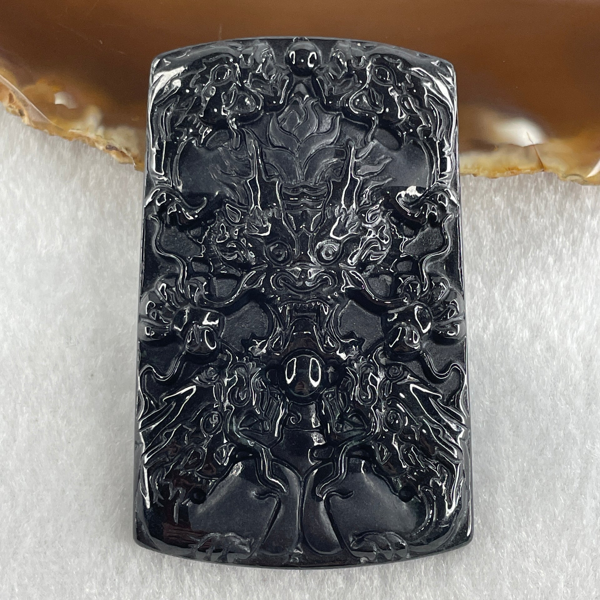 Type A Opaque to Partial Translucent Black Omphacite Jadeite 5 Dragons Pendant 32.20g 64.7 by 40.0 by 8.0mm - Huangs Jadeite and Jewelry Pte Ltd
