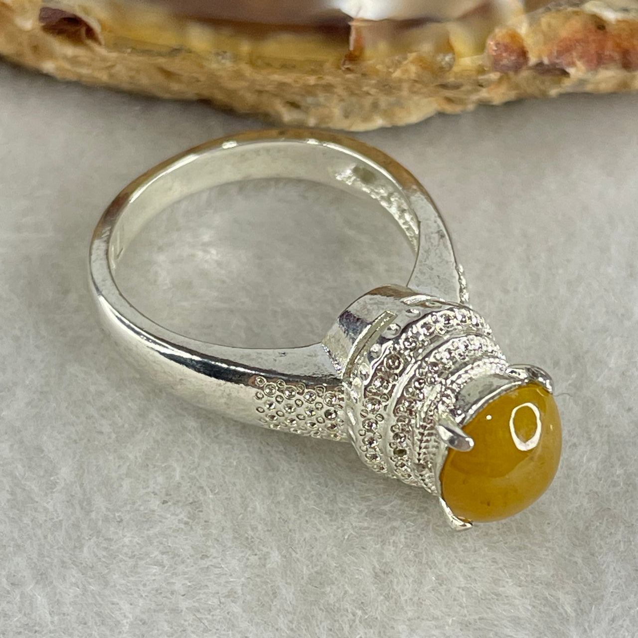 Type A Yellowish Jadeite Cabochon in Sliver Color Mold Ring 5.12g 8.6 by 7.6 by 4.0mm US7.7 HK17 - Huangs Jadeite and Jewelry Pte Ltd