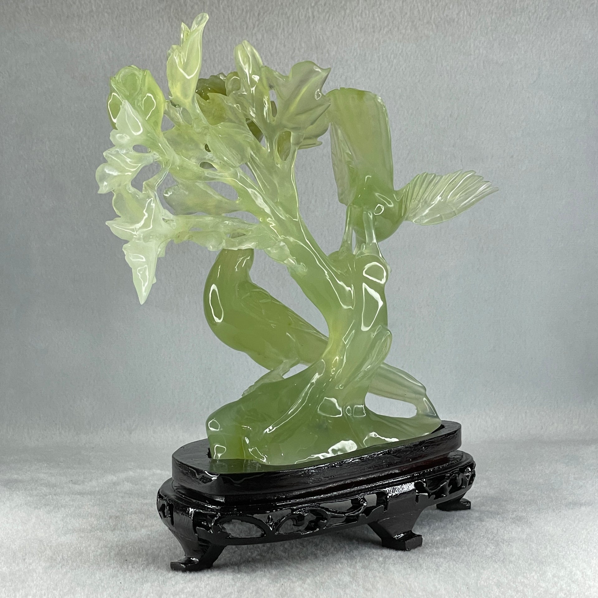 Natural Semi Icy Green Serpentine Double Magpie Birds on Flower Tree with Wooden Stand Display 641.5g 210.0 by 220.0 by 112.0mm - Huangs Jadeite and Jewelry Pte Ltd