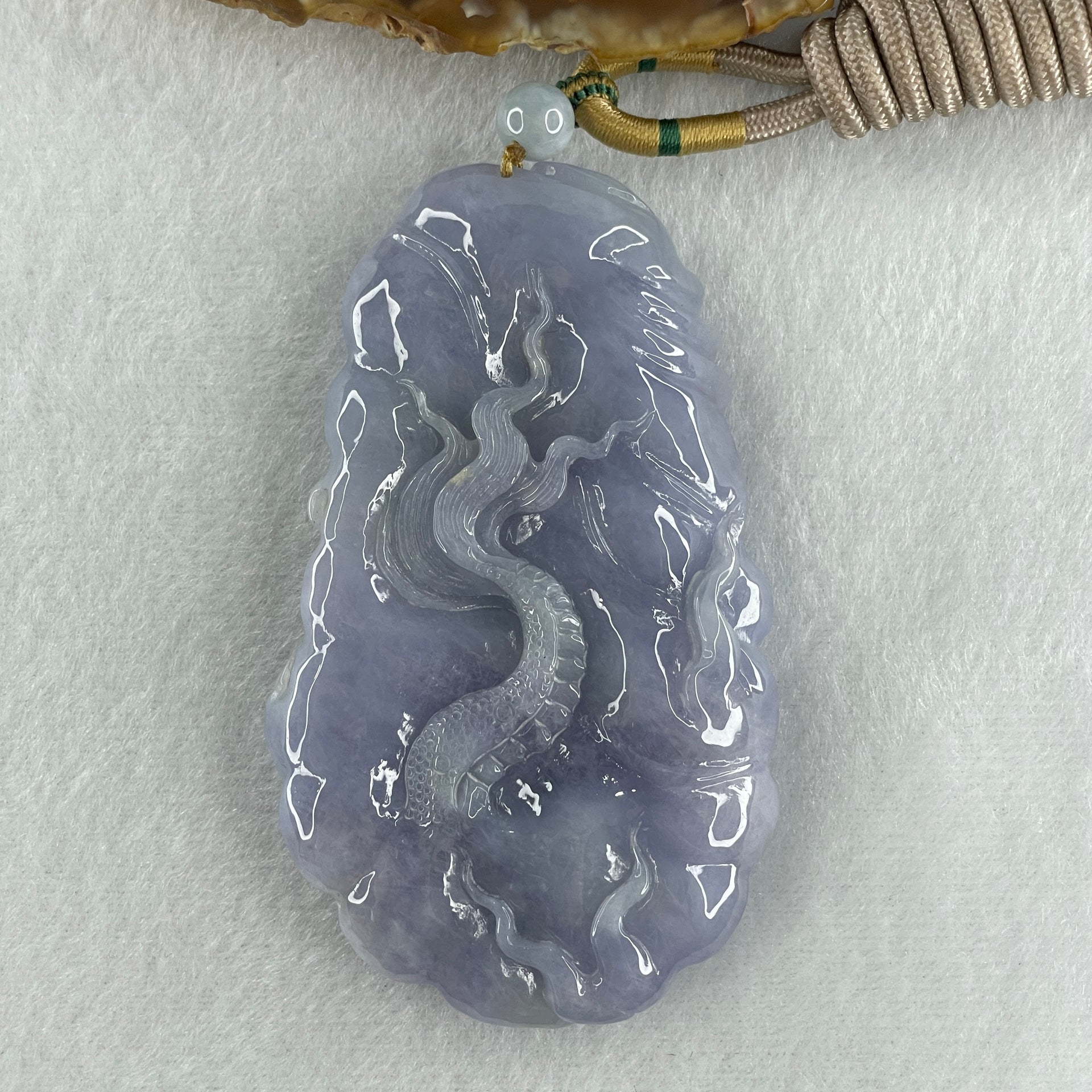 Type A Intense Lavender Jadeite Dragon Double Side Pendant 102.09g 83.3 by 50.7 by 14.2mm - Huangs Jadeite and Jewelry Pte Ltd