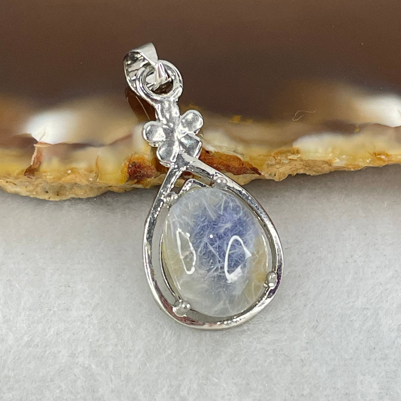 Good Grade Rare Natural Blue Dumortierite Rutilated Quartz in S925 Pendant 2.58g 12.2 by 9.7 by 5.5mm - Huangs Jadeite and Jewelry Pte Ltd