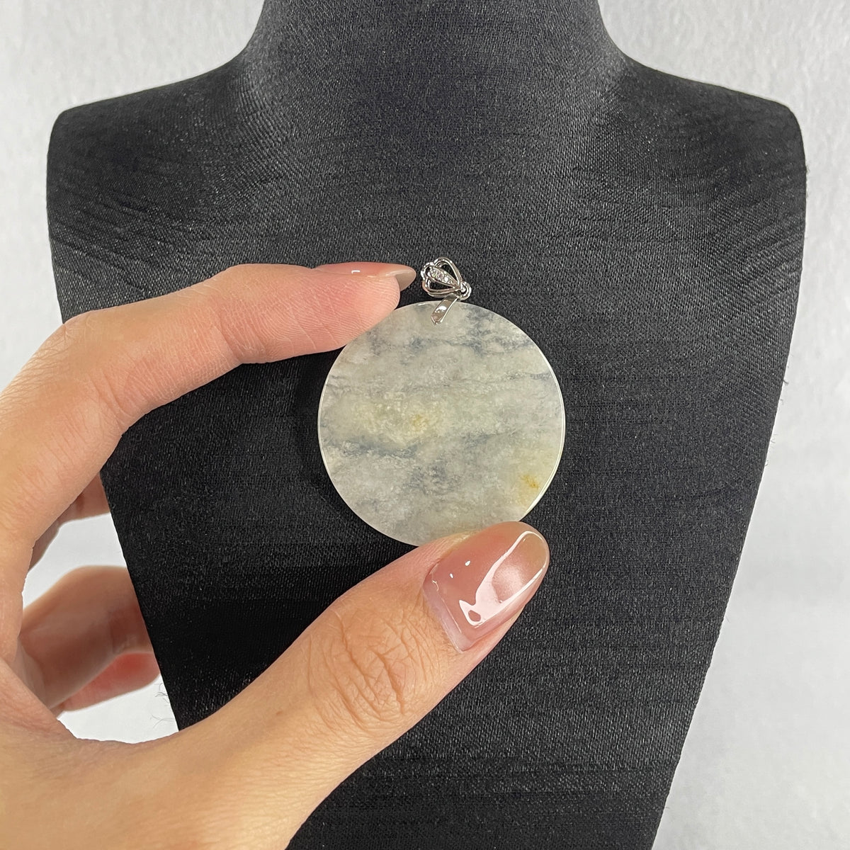 Natural Type A Semi-Icy White & Brownish Jadeite Round Wu Shi Pai Pendant in S925 Silver | Peace Plaque & Protection (10.44g | 46.2 x 3.0mm) - Huangs Jadeite and Jewelry Pte Ltd