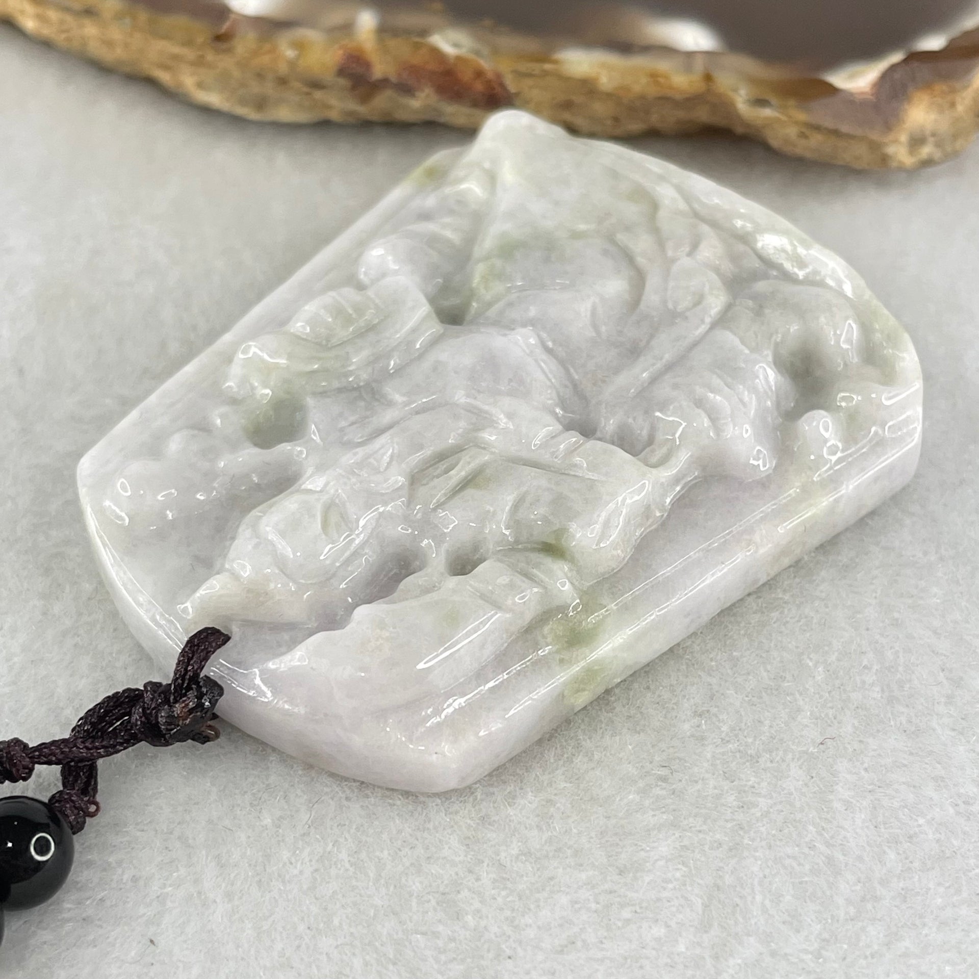Type A Faint Lavender Green Jadeite Guan Gong Pendant 44.09g 54.8 by 43.4 by 9.8mm (Slight Rough on Bottom) - Huangs Jadeite and Jewelry Pte Ltd