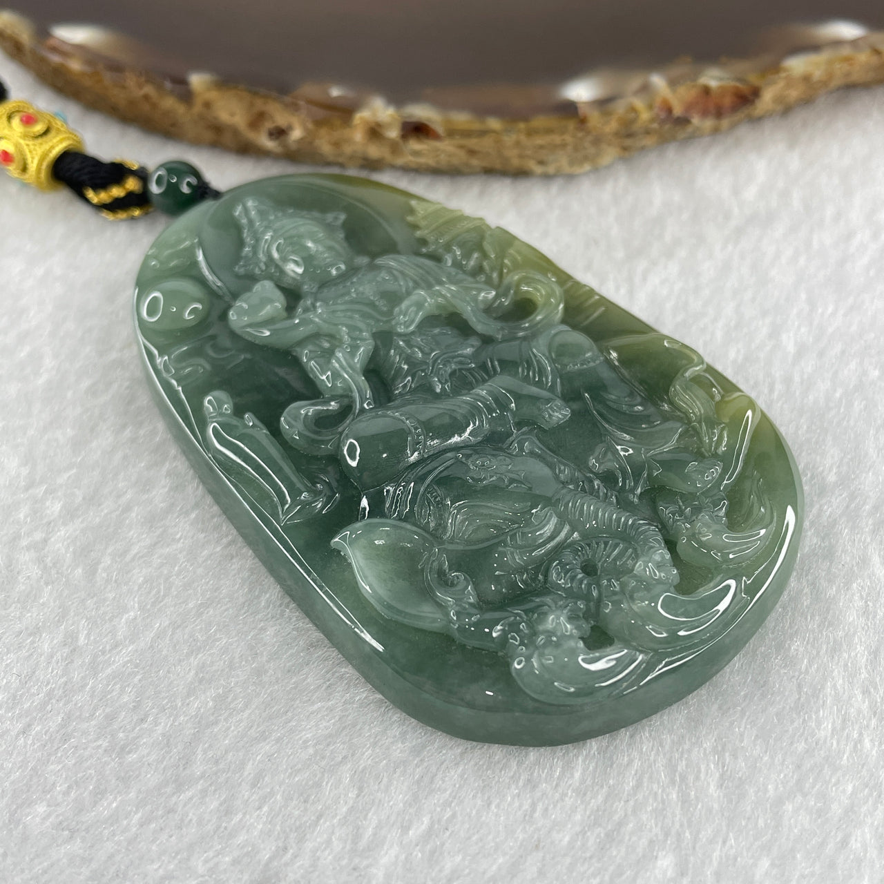 Natural Type A Blueish Green Jadeite Samantabhadra Bodhisattva Guan Yin on Elephant and Flower Pendant 70.59g 72.3 45.1 by 9.3mm